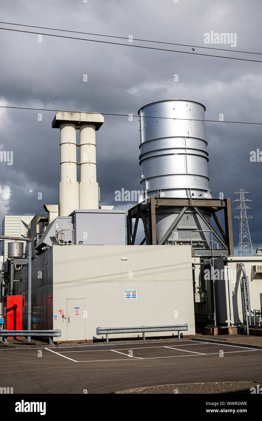 Un alimentati a gas naturale 50 MW ciclo aperto Rolls-Royce Trento turbina, azienda, lavorando, musica industriale, sicurezza, architettura, Foto Stock