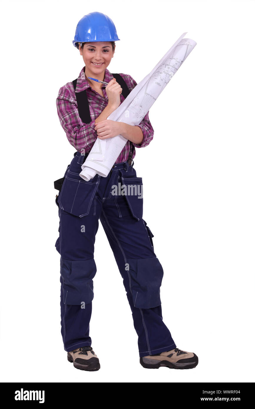 Craftswoman tenendo un blueprint Foto Stock
