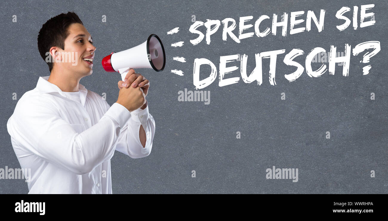 Parlare la lingua tedesca per imparare le lingue scuola di lingua straniera Megafon giovane uomo Foto Stock