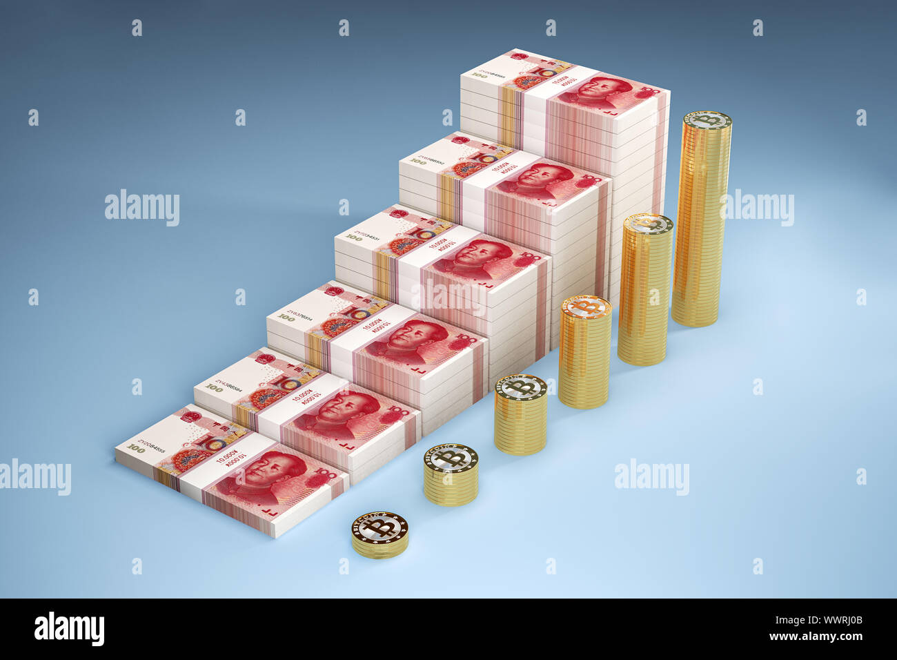 Bitcoins e Yuan il grafico a barra - aumento di profitto - il rendering 3D Foto Stock