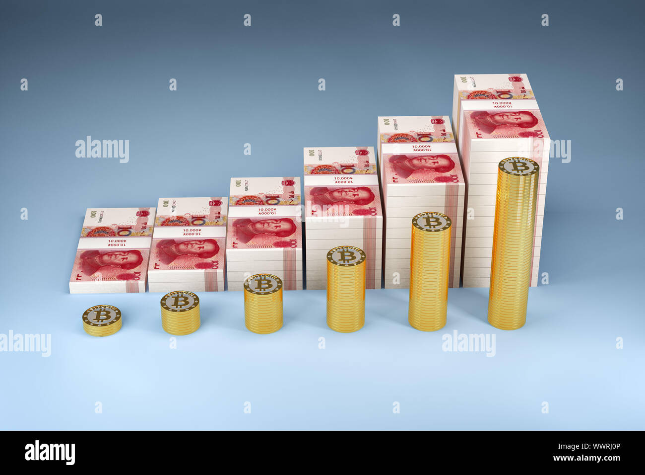 Bitcoins e Yuan il grafico a barra - aumento di profitto - il rendering 3D Foto Stock