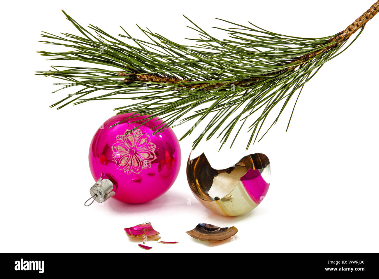 Rotture di palla di Natale si trova al disotto del ramo del pino, isolato su sfondo bianco Foto Stock