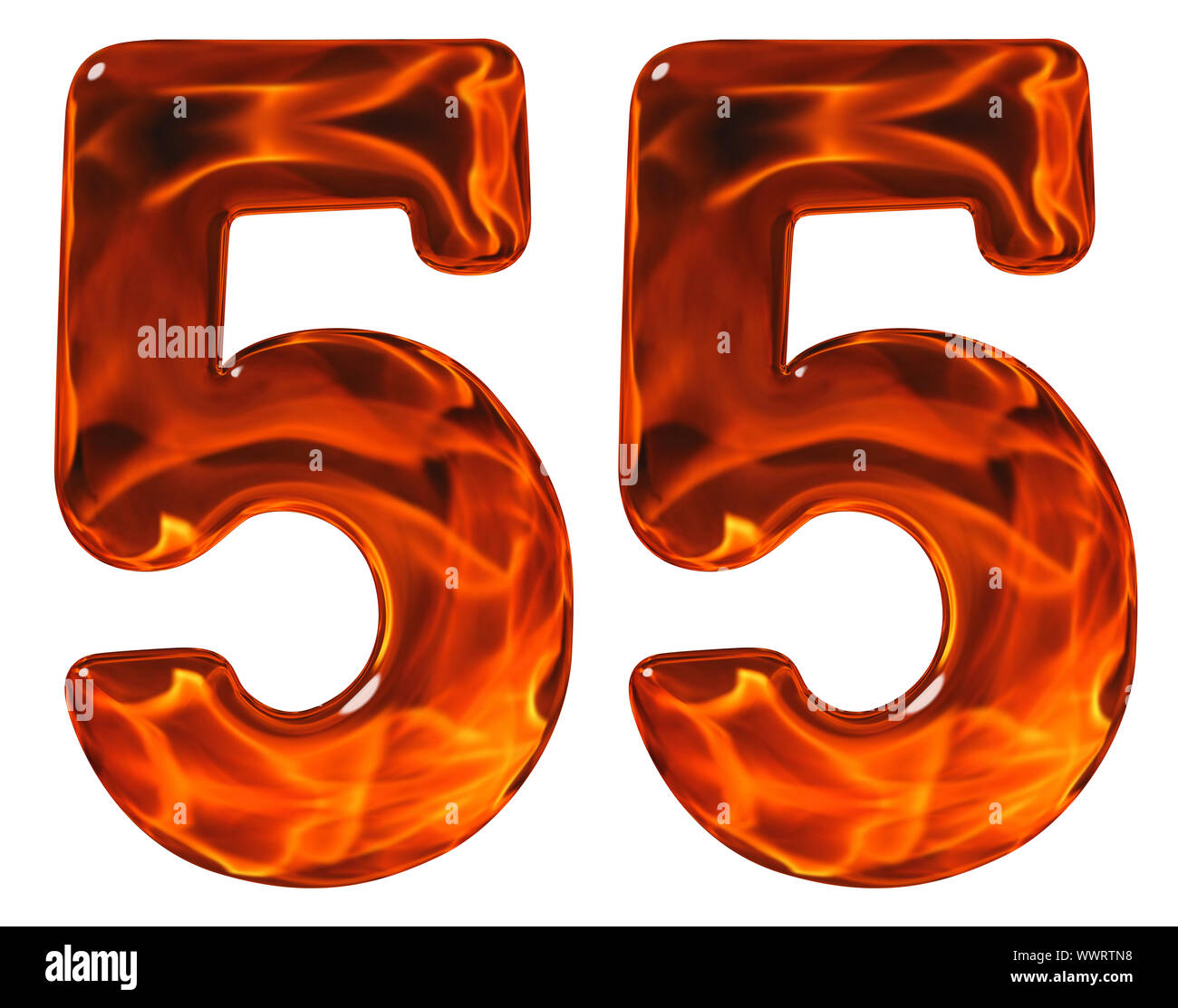 55, cinquanta cinque, il numero, imitazione vetro e un fuoco ardente, isolato su sfondo bianco Foto Stock
