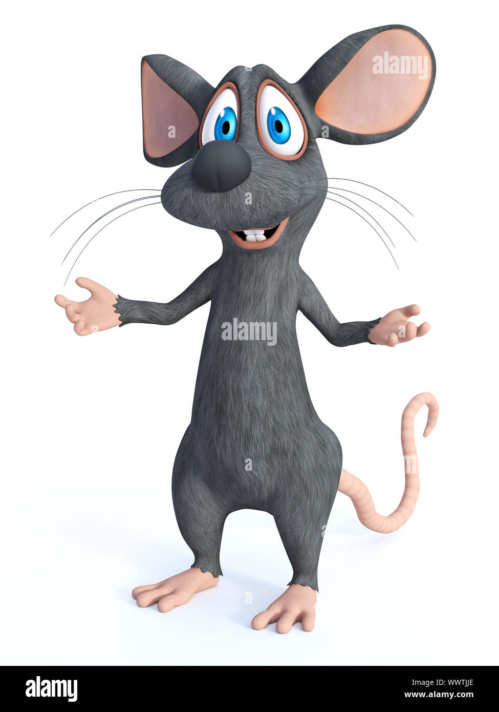 3D rendering di un simpatico cartoon sorridente mouse in piedi con le braccia aperte in un accogliente pongono come egli è messaggio di saluto. Sfondo bianco. Foto Stock