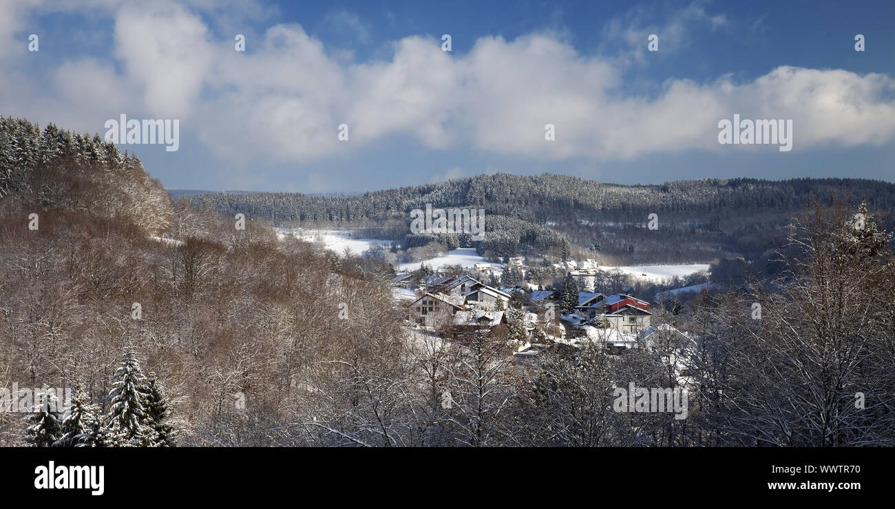 Paesaggio forestale in inverno, Hilchenbach, Siegerland, Renania settentrionale-Vestfalia, Germania, Europa Foto Stock