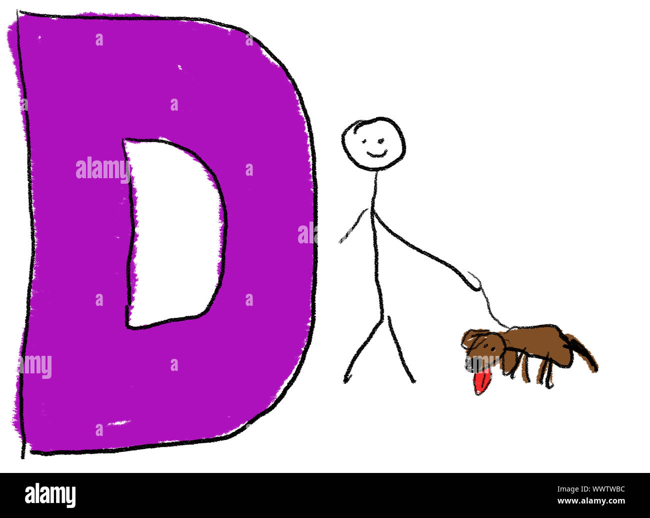 Un disegno infantile della lettera D, con un bastone in persona e il suo cane Foto Stock