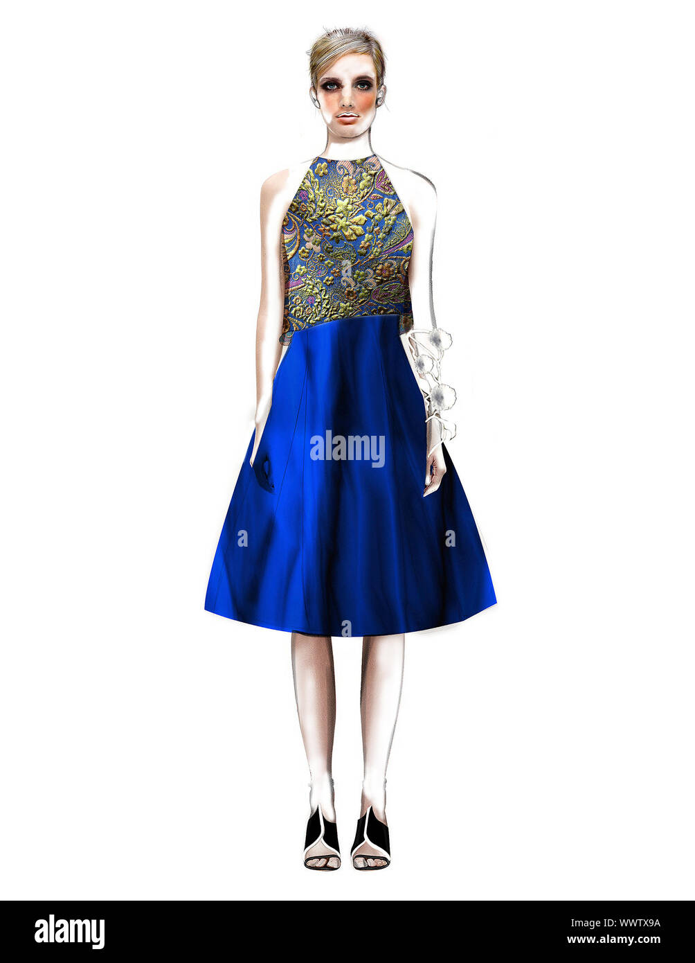 Illustrazione di Moda - Donna in blu abito brocade Foto Stock