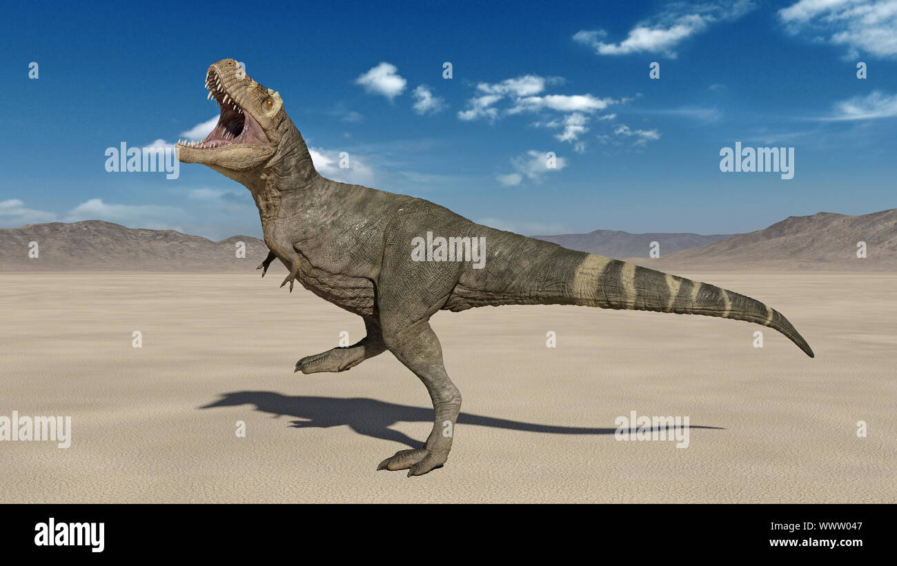T-Rex dinosauro, Tyrannosaurus Rex rettile preistorico Jurassic stomping animale in natura deserta, ambiente 3D illustrazione Foto Stock