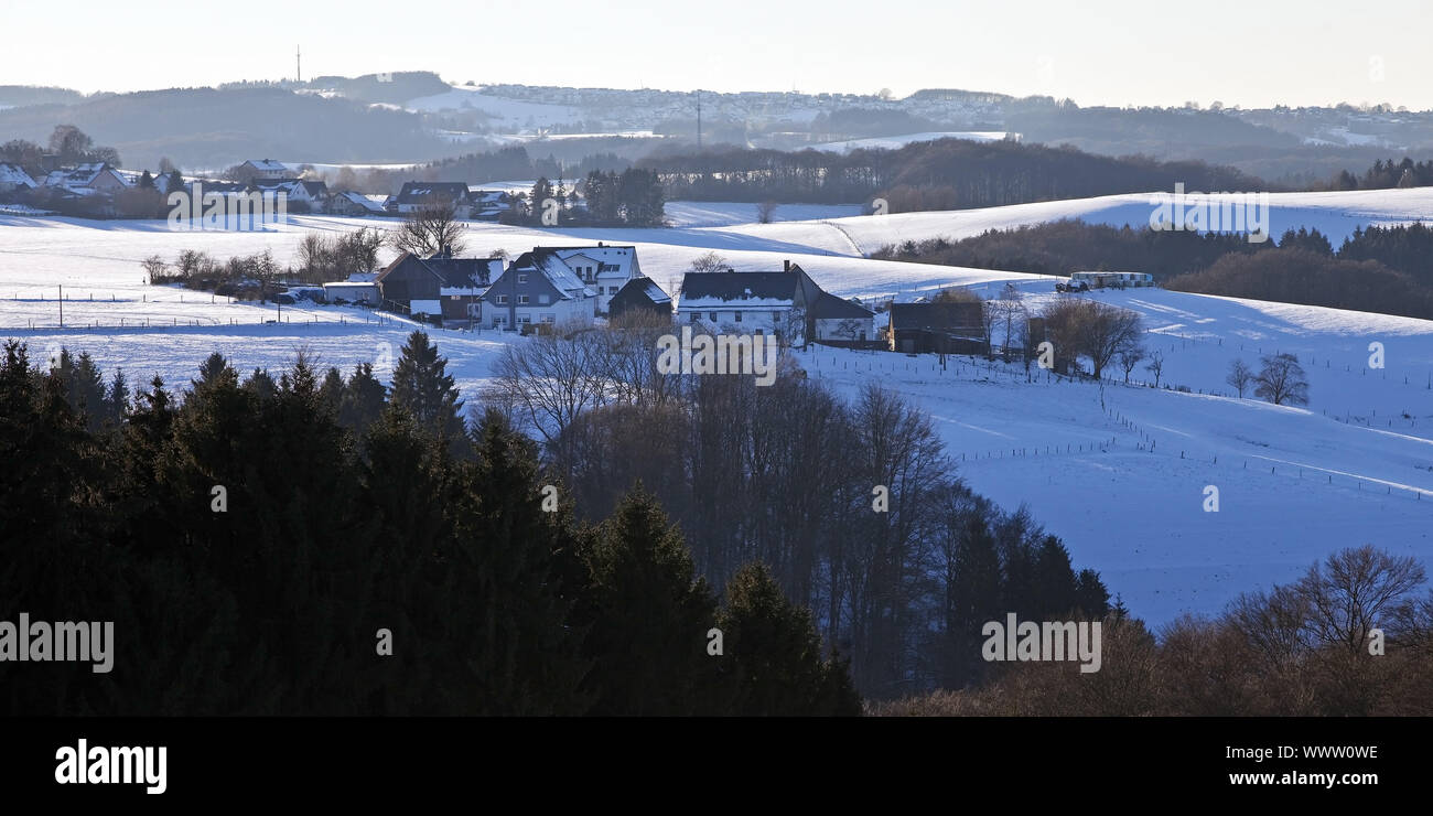 Paesaggio in inverno, Huelscheid, Schalksmuehle, Sauerland, Renania settentrionale-Vestfalia, Germania, Europa Foto Stock
