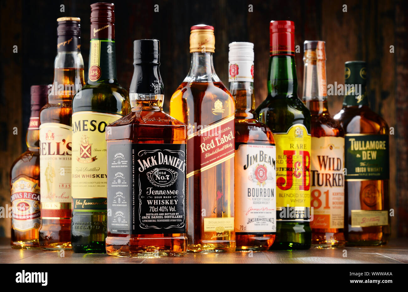 I marchi globali di whiskey, il più popolare liquore nel mondo Foto Stock
