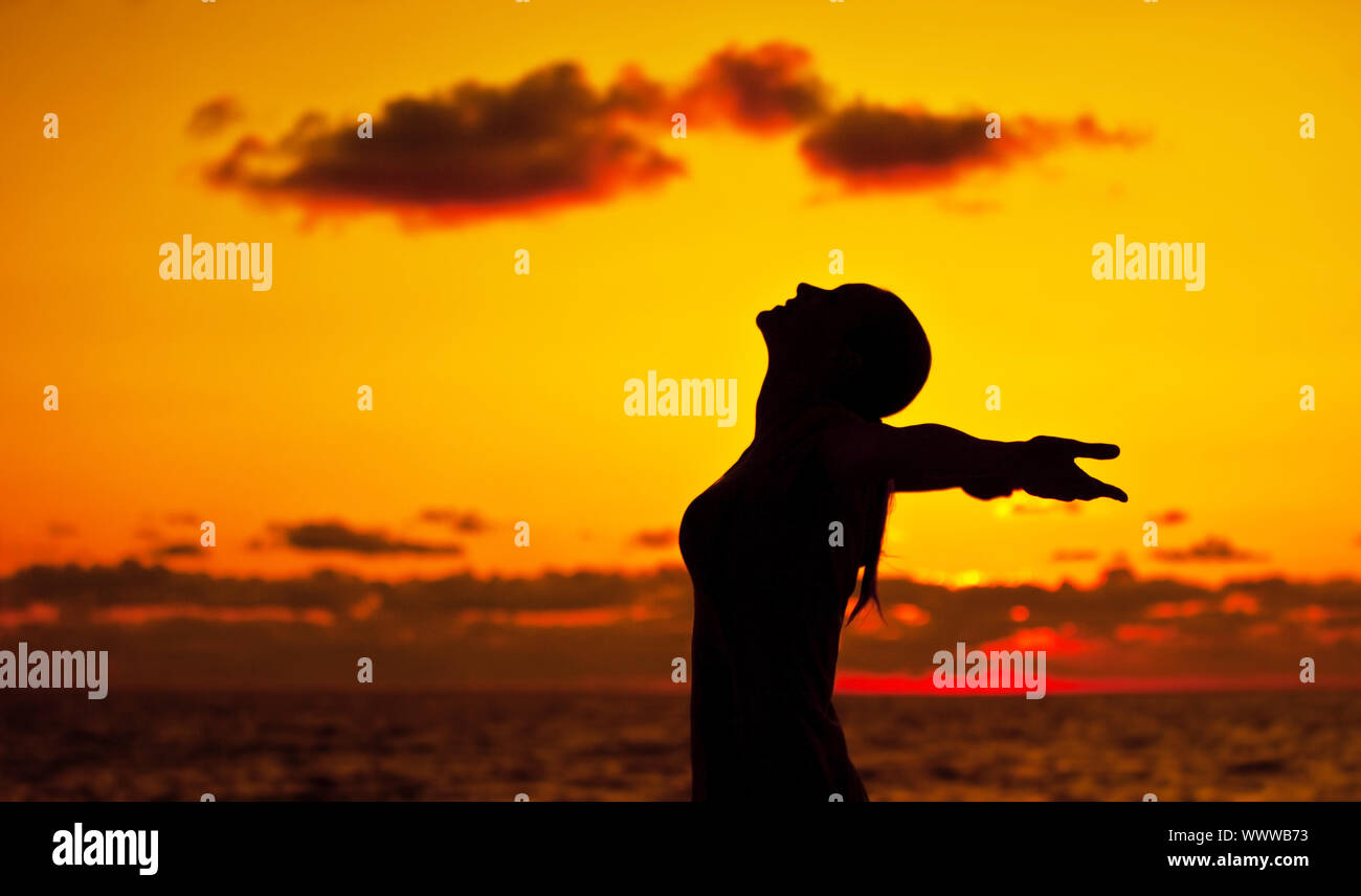 Silhouette di donna su sunset Foto Stock