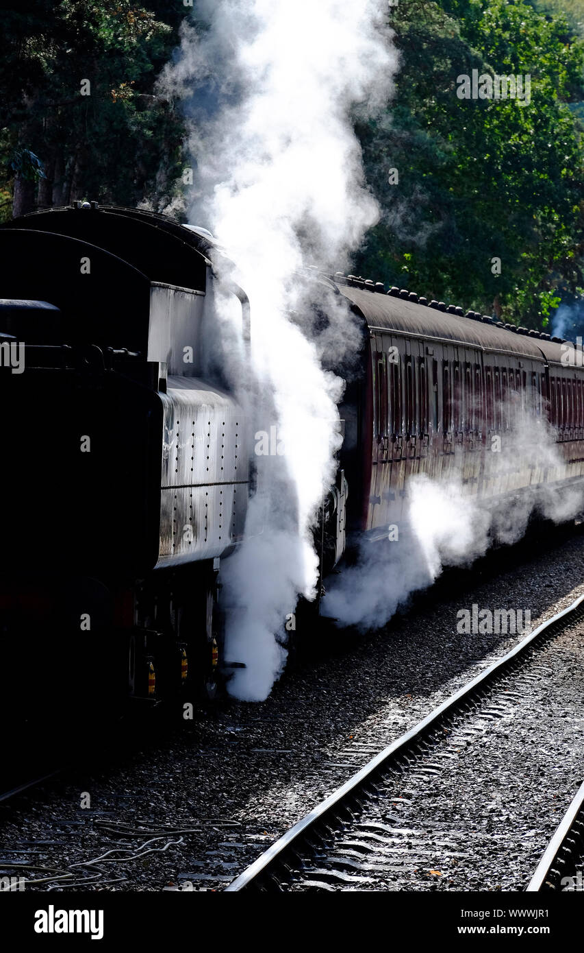 Treno a vapore e carrozze, holt stazione ferroviaria, North Norfolk, Inghilterra Foto Stock