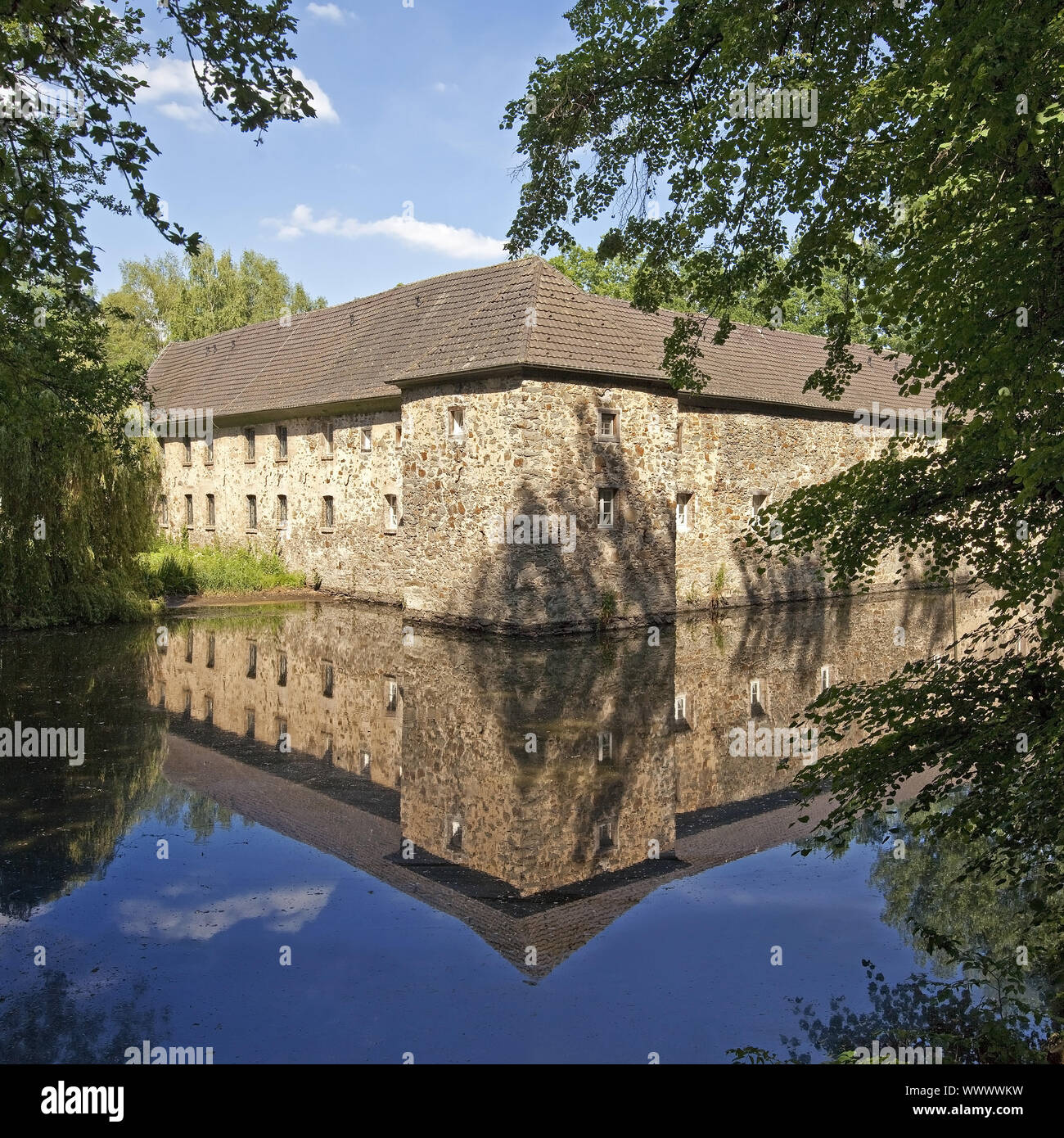 Castello moated Haus scolpita, Langenfeld, Rheinland, Renania settentrionale-Vestfalia, Germania, Europa Foto Stock
