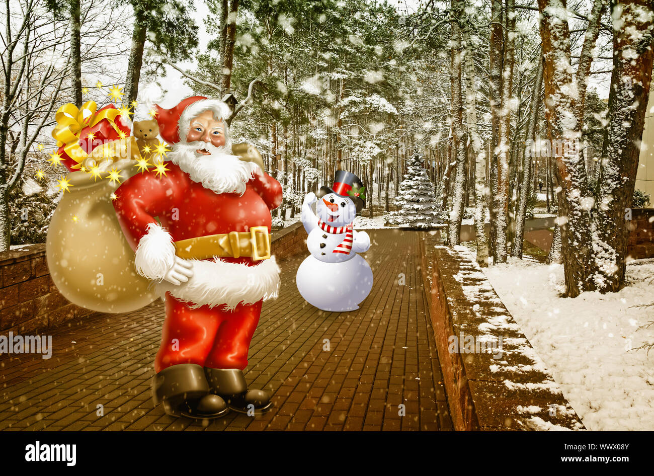 Storia di Natale: Babbo Natale con i doni e pupazzo di neve. 3 D rendering. Foto Stock