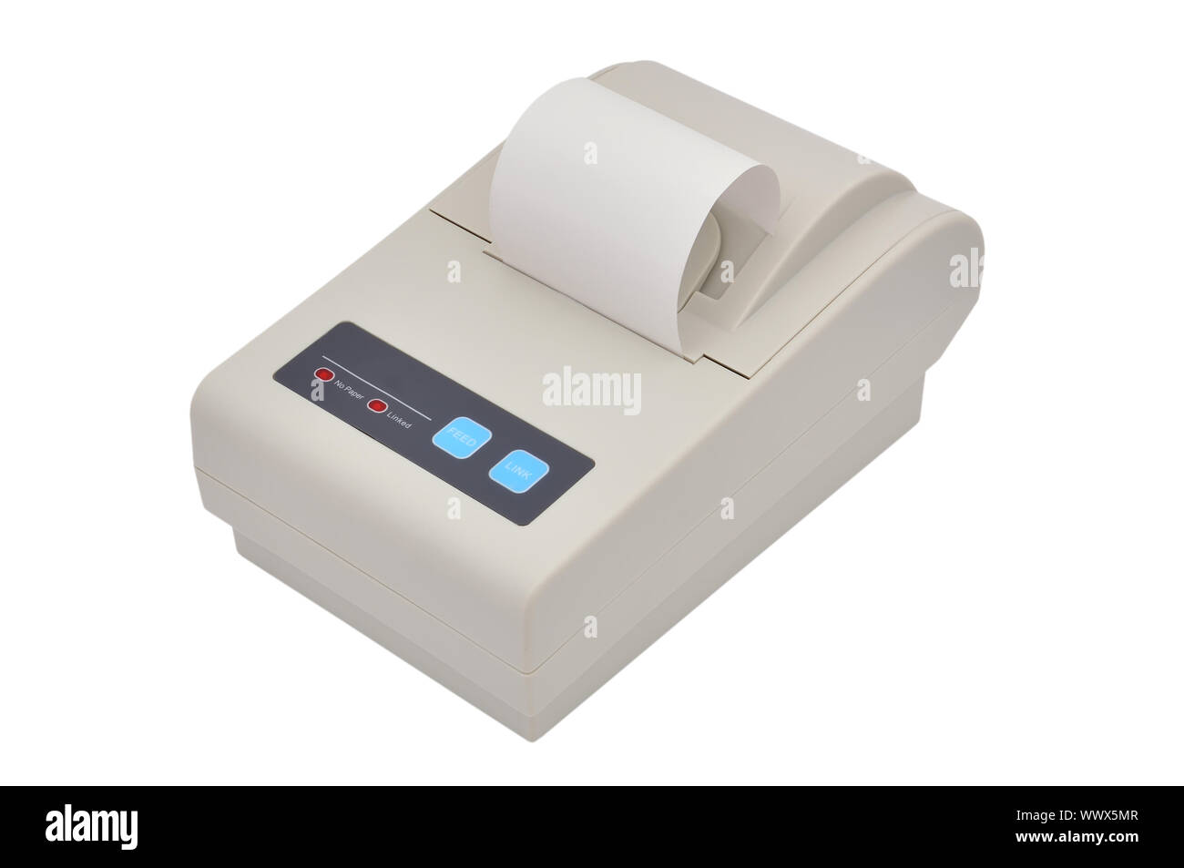 Stampante bianco per fini fiscali registratore di cassa su sfondo bianco Foto Stock