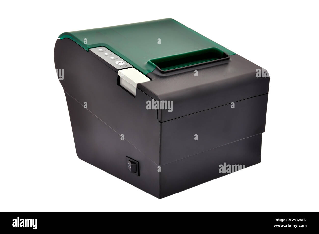 Nero stampante termica su sfondo bianco Foto Stock