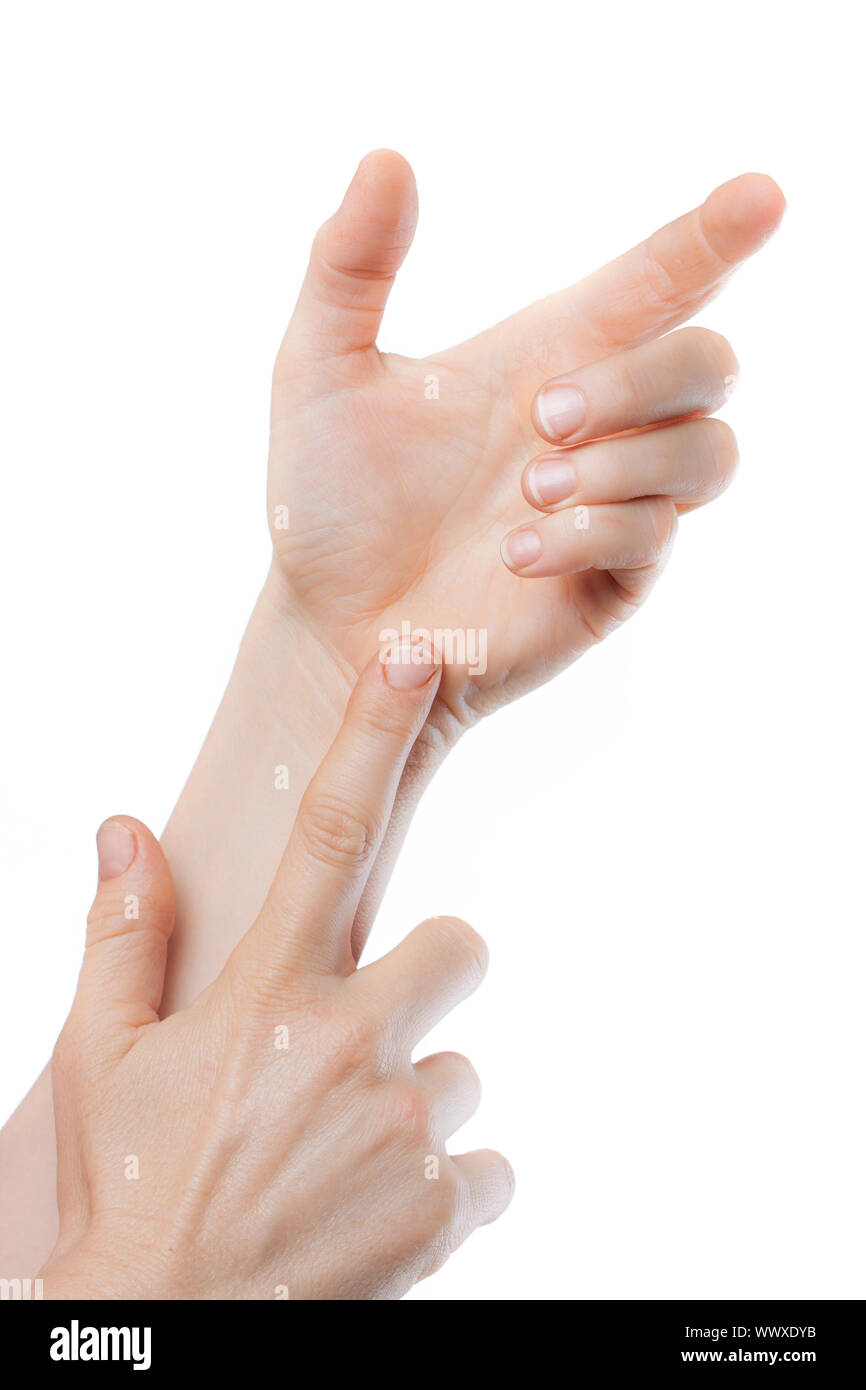 Una inquadratura ravvicinata delle mani e che puntano a nulla. Spazio per il testo o il prodotto che deve essere messo in mano. Isolato su bianco. Foto Stock