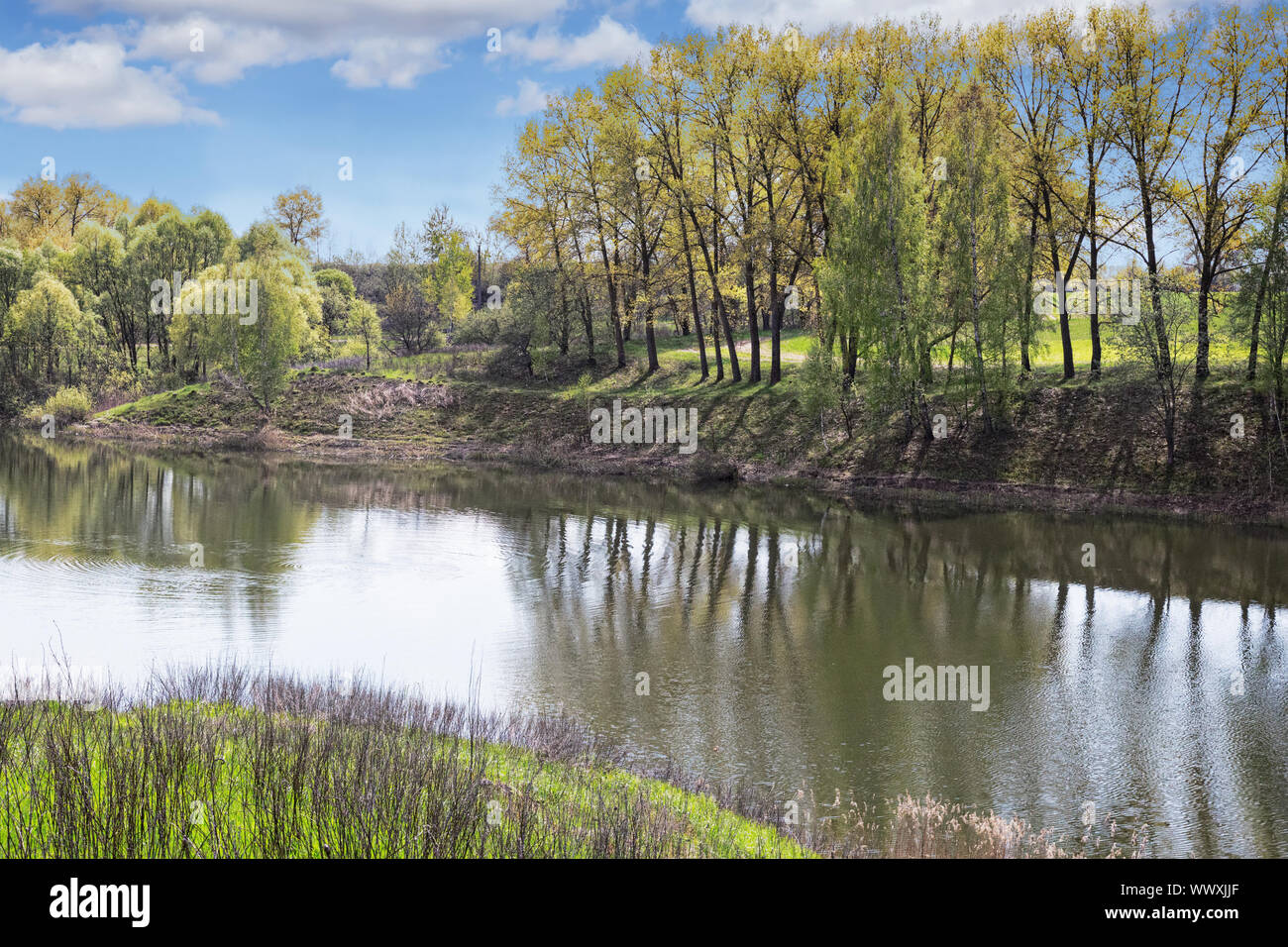 Gran bel lago, con banche ricoperta da foresta. Foto Stock