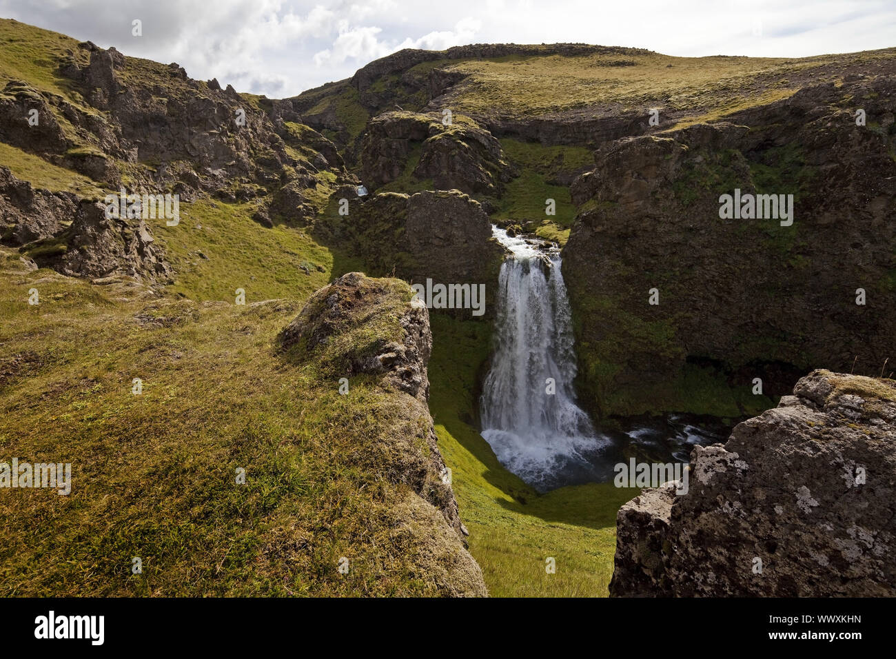 Cascata in Seljaland, fiume Seljalandsa, Sud Islanda, Islanda, Europa Foto Stock
