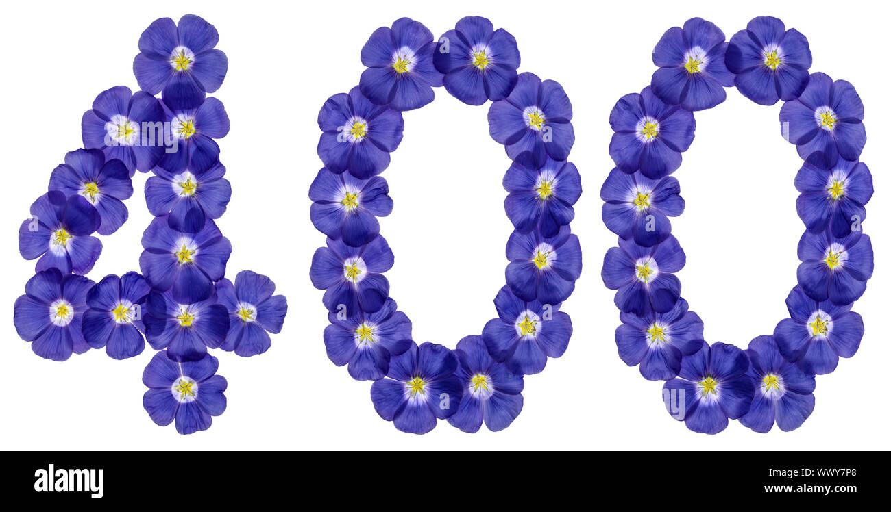 Numero arabo 400, quattro cento, dai fiori blu di lino, isolato su sfondo bianco Foto Stock