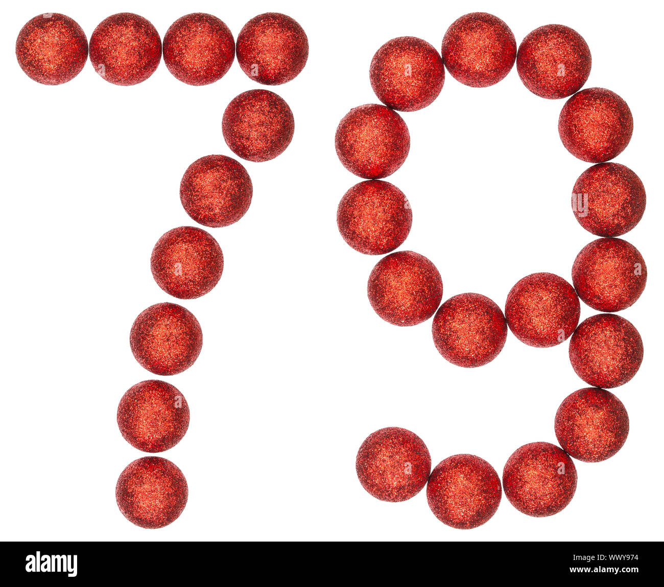 Il numero di riferimento 79, settanta nove, da sfere decorative, isolato su sfondo bianco Foto Stock