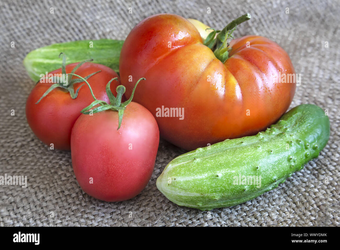 Pomodori e cetrioli sul tavolo su un telo di lino. Foto Stock