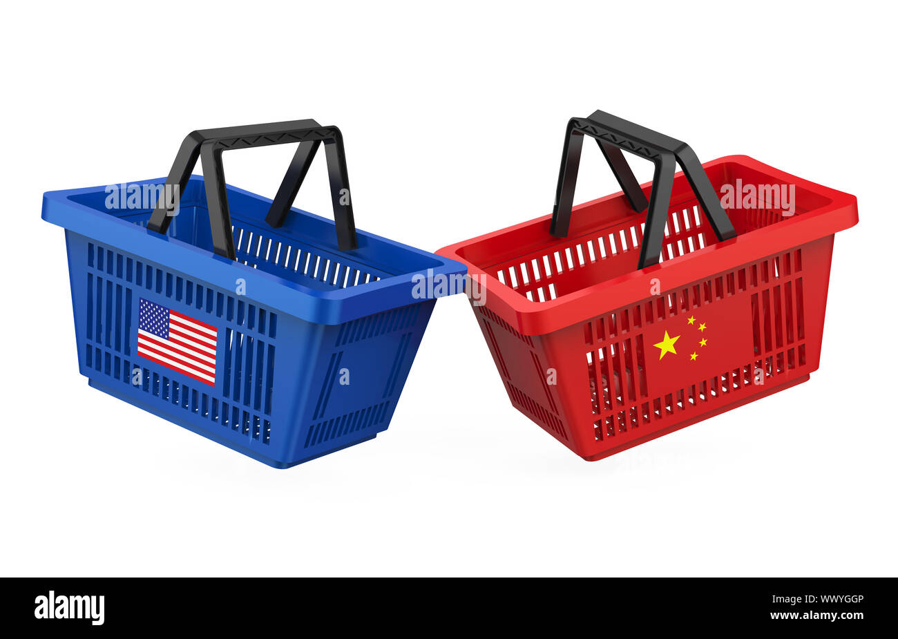 Shopping cesti con USA e Cina bandiere. Commercio il concetto di guerra Foto Stock
