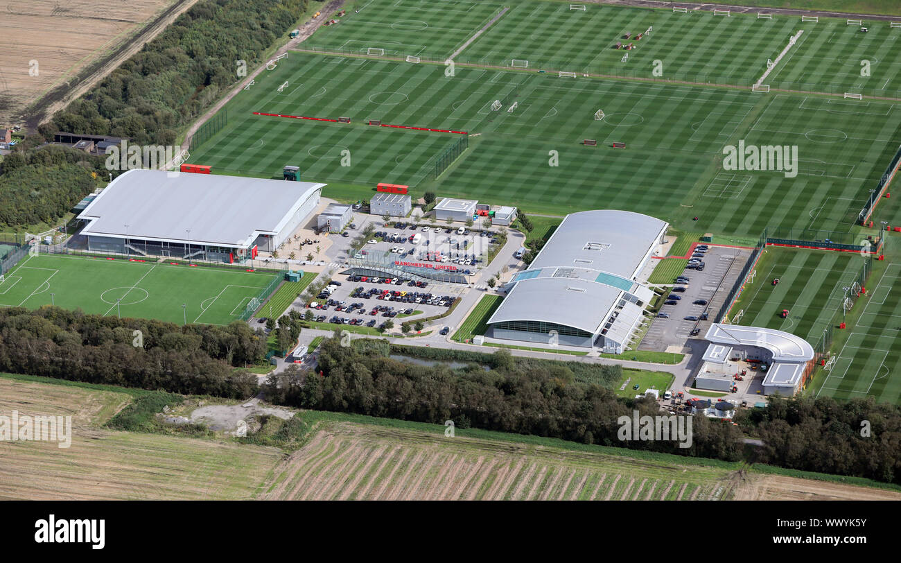 Vista aerea dell'Aon addestramento complesso - Manchester United Carrington training facility, Manchester, Regno Unito Foto Stock