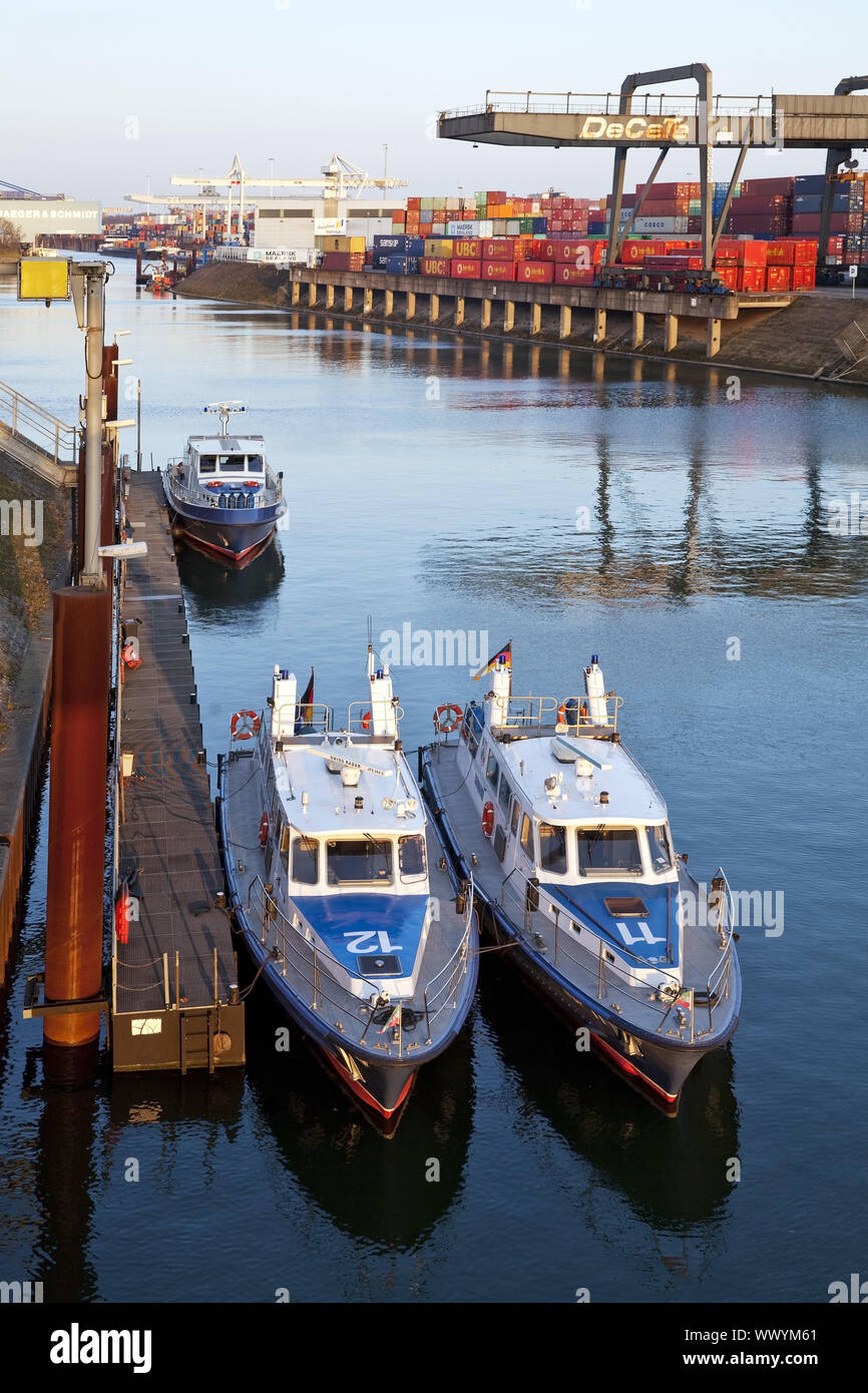 Canal Vinckekanal con contenitore di gru, il più grande d'Europa navigazione porto di Duisburg, Germania, Europa Foto Stock