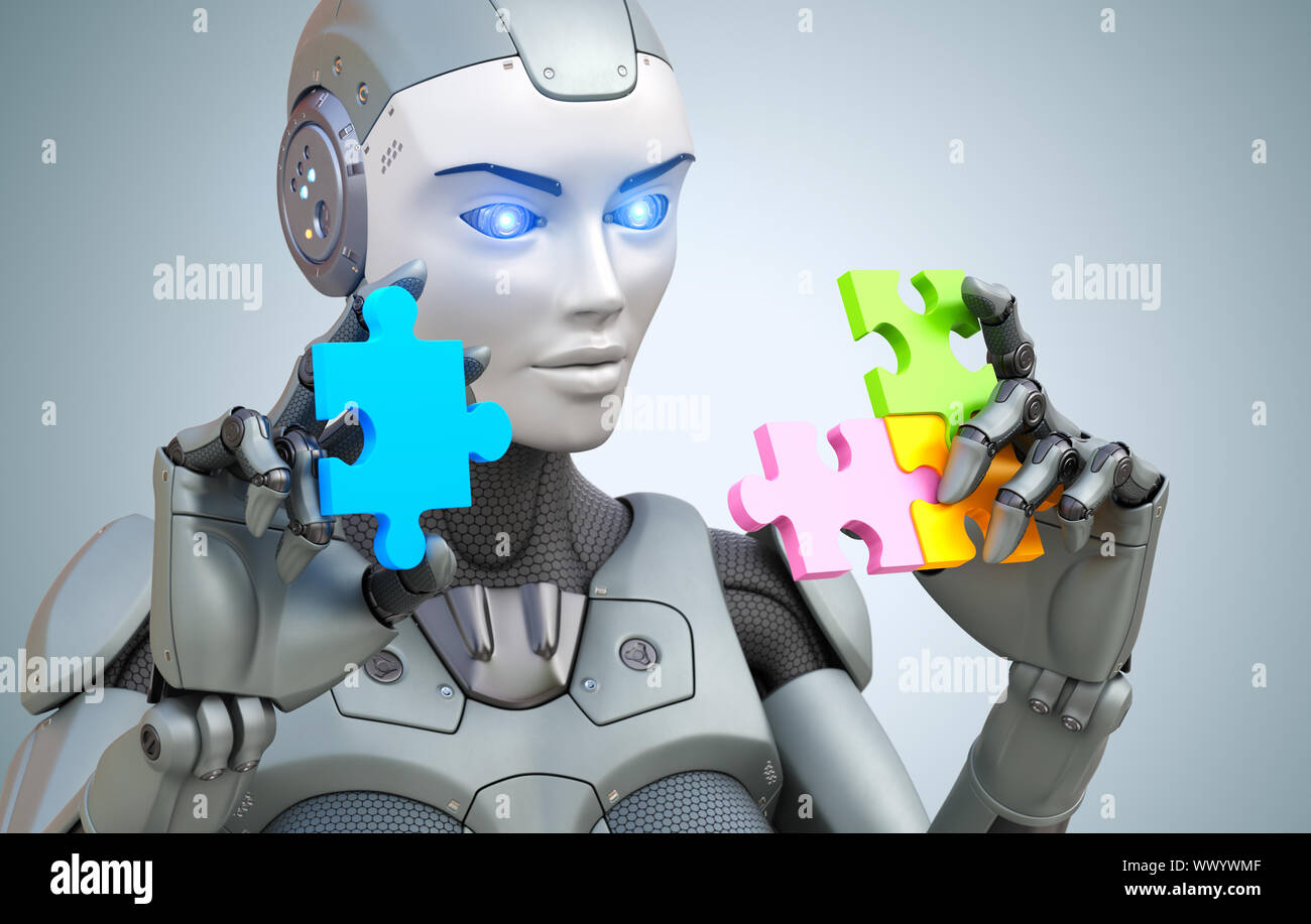 Robot raccoglie puzzle . 3D'illustrazione, Foto Stock