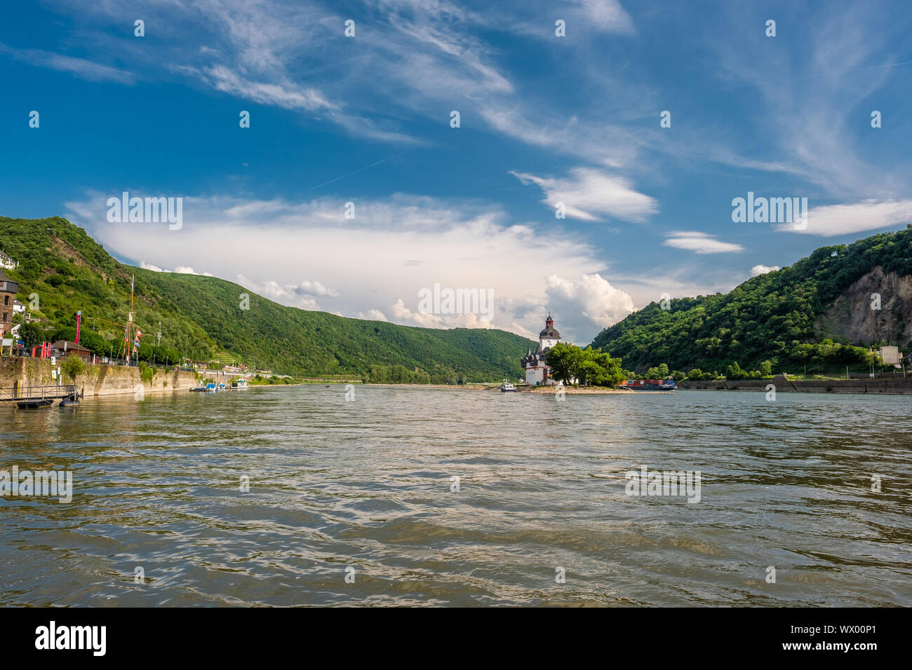 Il castello Pfalzgrafenstein, castello di pedaggio a valle del Reno vicino a Kaub, Germania. Foto Stock