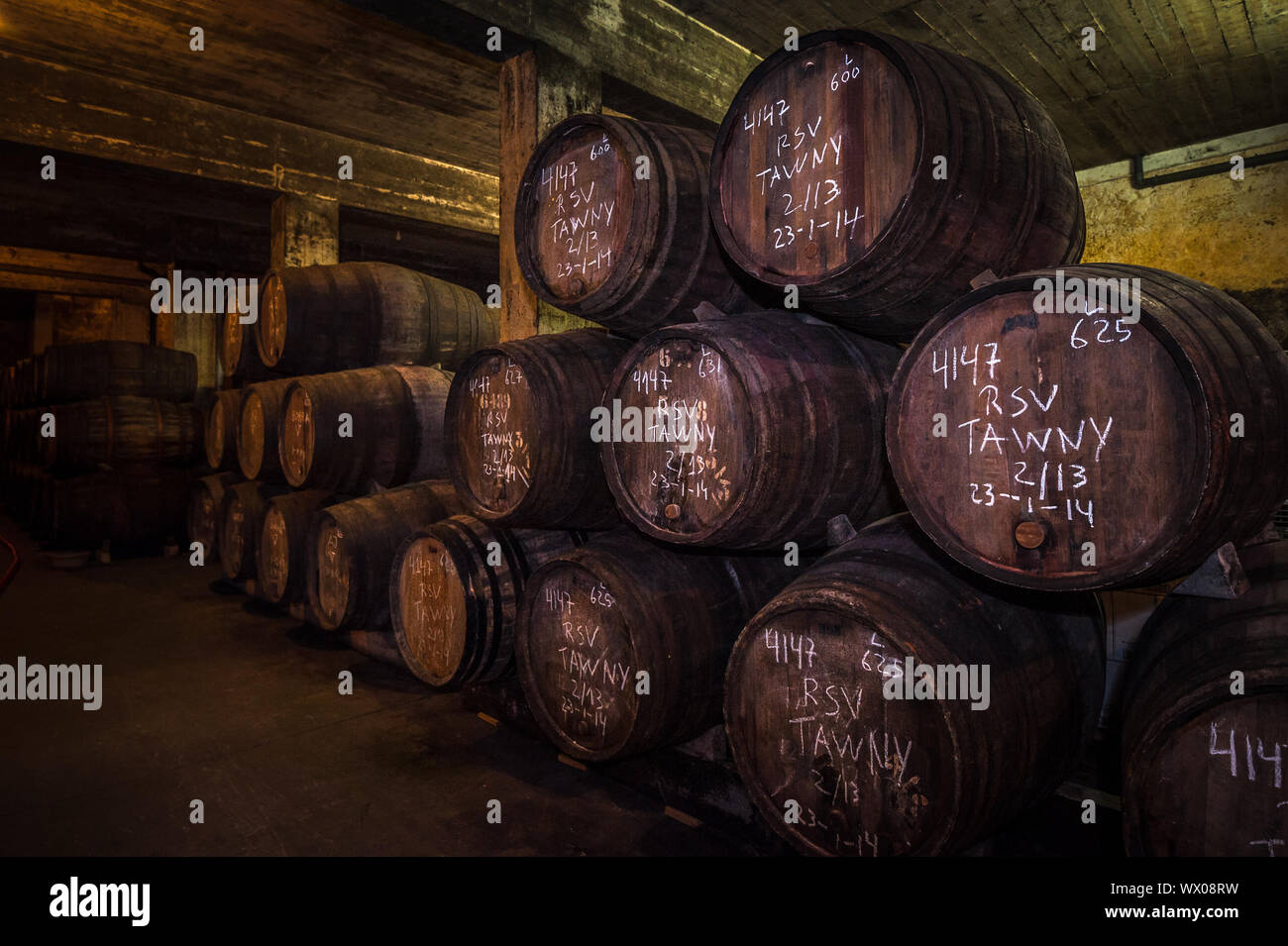 Porta botti di vino nella cantina, Vila Nova de Gaia, Porto, Portogallo Foto Stock