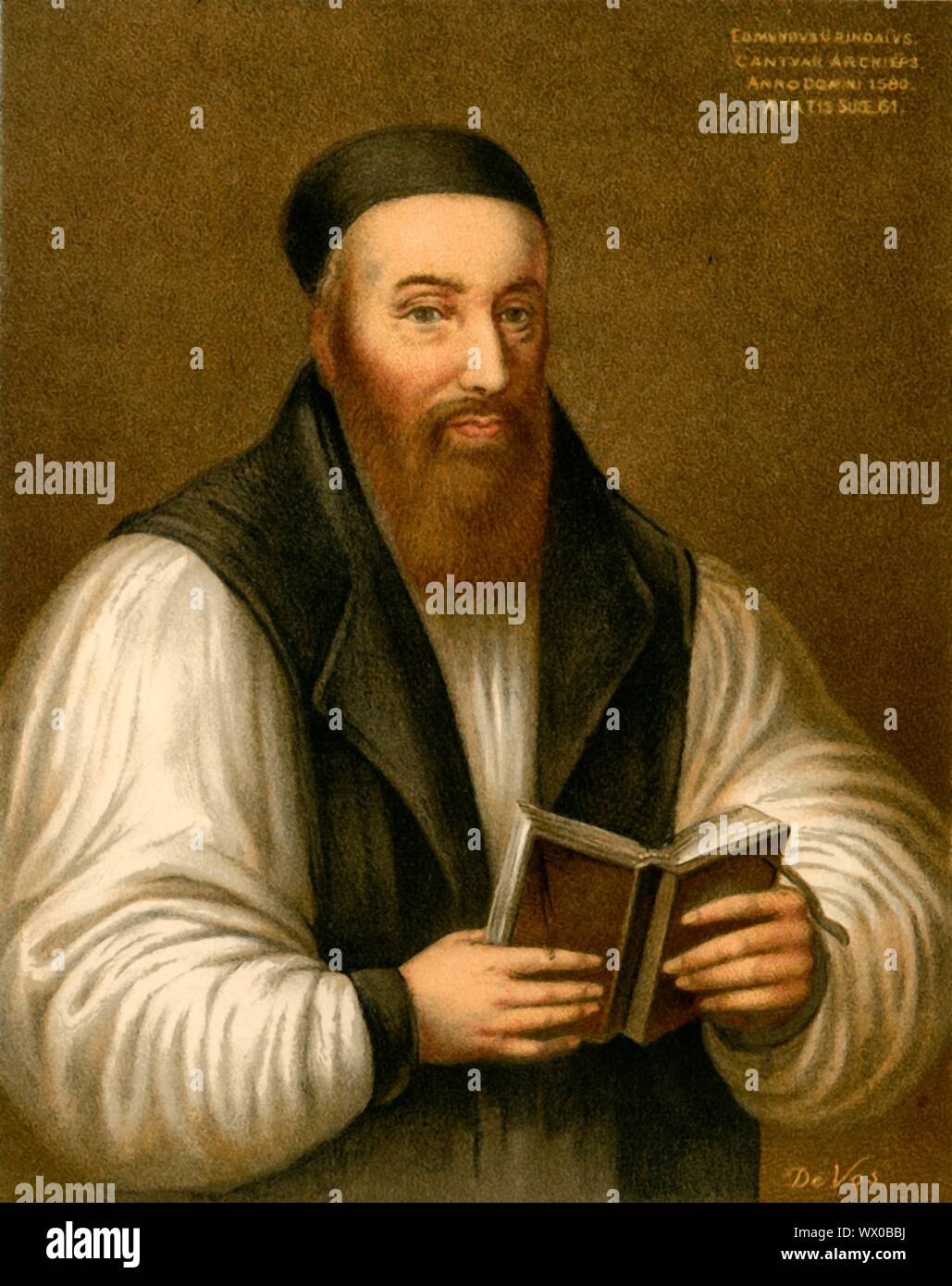 'L'Arcivescovo Grindal', c1580, (xix secolo?). Ritratto di chierico inglese Edmund Grindal (1519-1583) all'età di 61. Grindal tenute successivamente i posti del vescovo di Londra, arcivescovo di York e l Arcivescovo di Canterbury durante il regno di Elisabetta I. Foto Stock