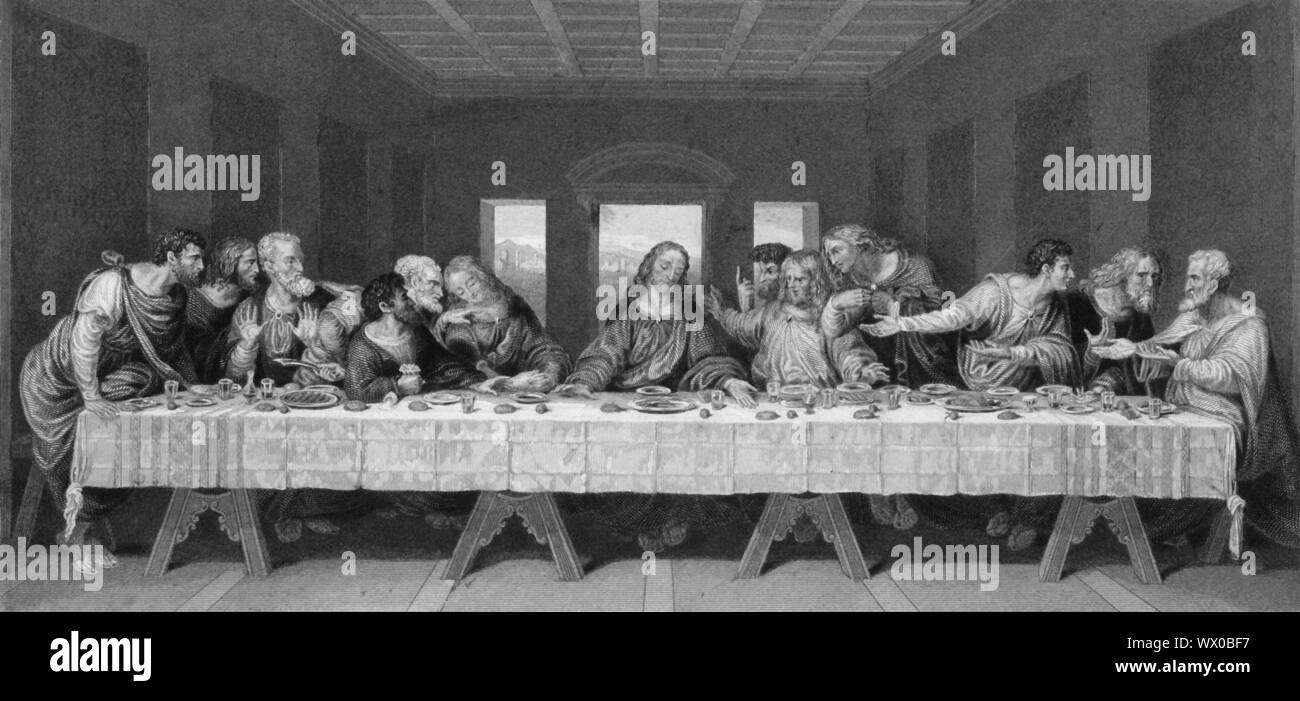 "Gesù disse - uno di voi che mangia con me, mi tradirà"', a metà del XIX secolo. Scena biblica, dal marchio di 14: 18: 'E, mentre erano a tavola e mangiavano, Gesù disse: "In verità vi dico che uno di voi, che mangia con me, mi tradirà". Essi cominciarono a essere addolorati e a chiedere di lui uno dopo l'altro: "Sono forse io?". Gesù predice che uno dei suoi Apostoli presenti presso il pasto lo tradirà, nonostante le loro affermazioni in senso contrario. Dopo incisione "L'Ultima Cena", una pittura murale del 1490s di Leonardo da Vinci, nel convento di Santa Maria delle Grazie a Milano, Italia. Foto Stock