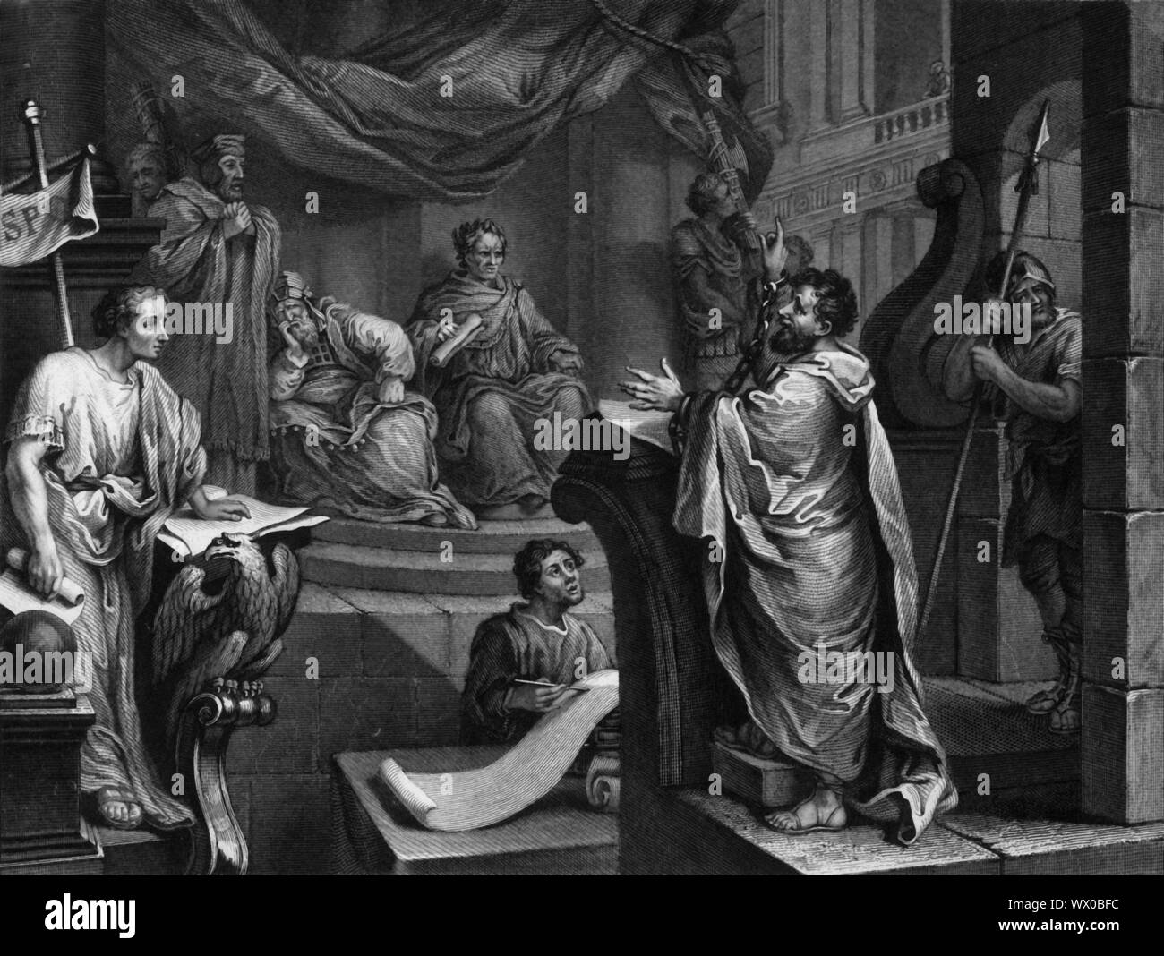 "Io non sono pazzo, eccellentissimo Festo', del xix secolo. Scena biblica, da atti 26: 25: "Ma egli ha detto, io non sono pazzo, eccellentissimo Festo, ma proferisco parole di verità e di buon senno." San Paolo sulla prova prima Antonius Felix, governatore di Cesarea. Paolo (destra, con le braccia sollevate e in catene), appelli a Felix. Incisione dopo 'Paolo prima di Felix", chiamato anche "Paolo a Efeso", un dipinto c1748 da William Hogarth, in LINCOLN' S INN, LONDRA. Foto Stock