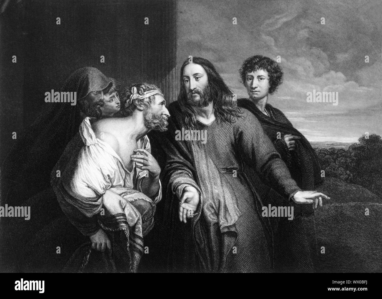 "Gesù ha detto, non c'erano dieci mondato? Ma dove sono gli altri nove?', a metà del XIX secolo. Scena biblica, da Luca 17: 17: "E Gesù, rispondendo, disse: Non c'erano dieci mondato? Ma dove sono gli altri nove? Non è stata una trovata ad eccezione di questo straniero per tornare e dare gloria a Dio?" Gesù compie il miracolo della guarigione di dieci lebbrosi, ma solo un uomo torna a ringraziarlo. Dopo incisione "Cristo la guarigione del paralitico", un dipinto c1619 da Anthony van Dyck, nella Royal Collection. Foto Stock
