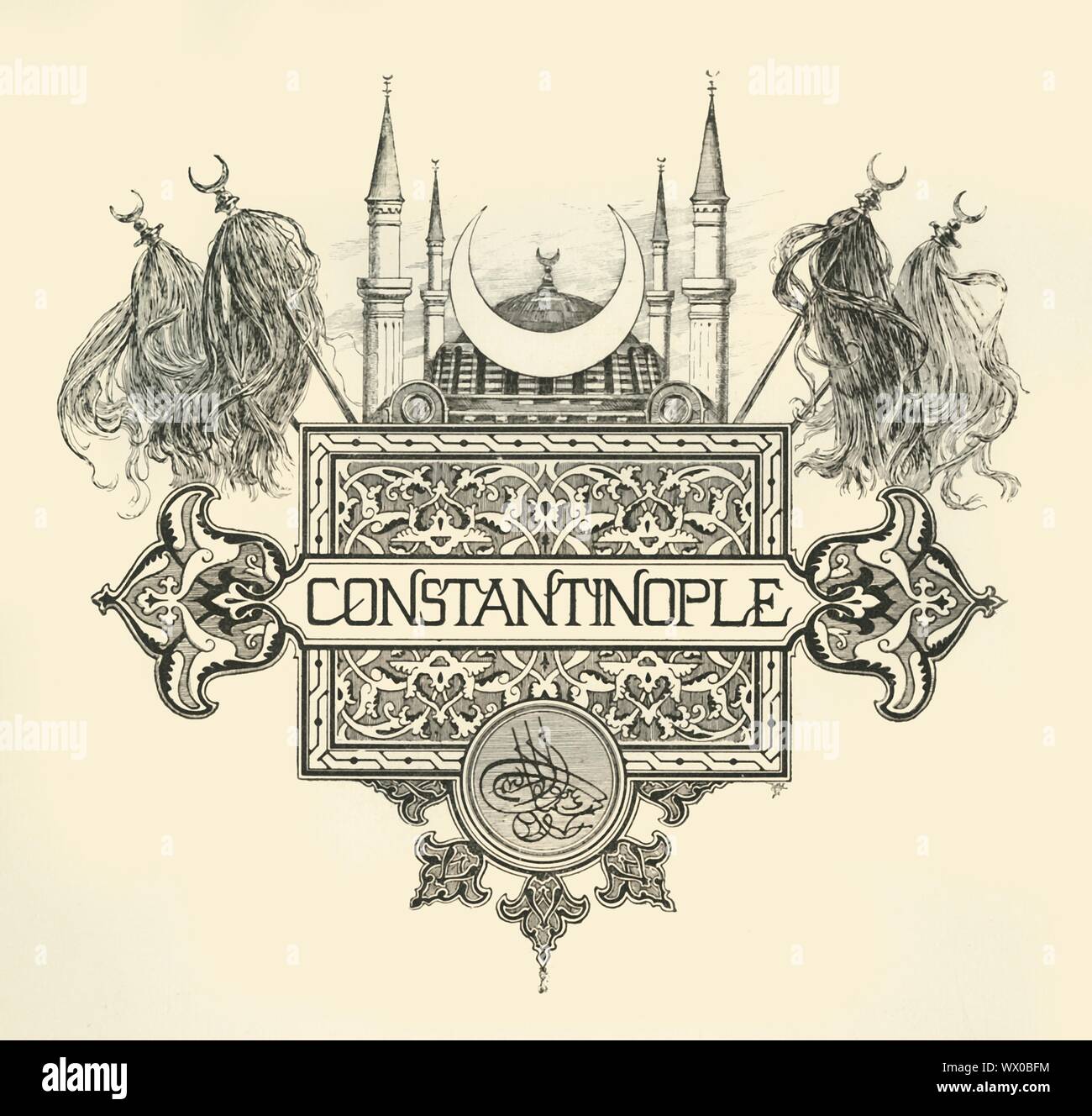 "Costantinopoli", fine XIX-inizio XX secolo. Rivestimento decorativo di bracci per la città di Costantinopoli, capitale del Romano e Bizantino e l'Impero Ottomano. Una falce di luna è fissato contro la cupola e i minareti di Hagia Sophia, fiancheggiata da norme abbellito con crine di cavallo. Foto Stock