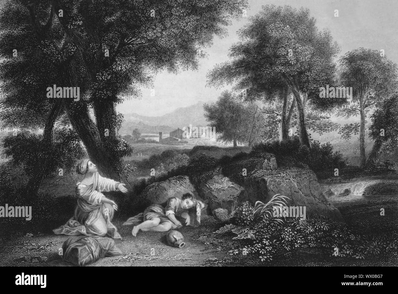 "L'angelo di Dio chiamò Agar dal cielo", la metà del tardo XIX secolo?scena biblica, dalla Genesi 21: 17: "E Dio udì la voce del fanciullo e un angelo di Dio chiamò Agar dal cielo e le disse: Che hai, Agar? Non temere, perché Dio ha udito la voce del fanciullo là dove egli è." Ismaele giace addormentato sul terreno con un vuoto recipiente acqua accanto a lui. Sua madre agar si inginocchia con le sue mani disteso di fronte a lei, rivolgendosi a Dio. Dopo incisione "Agar e Ismaele nel deserto", dipinto realizzato c1657 da Pier Francesco Mola, il Blanton Museum of Art, Foto Stock