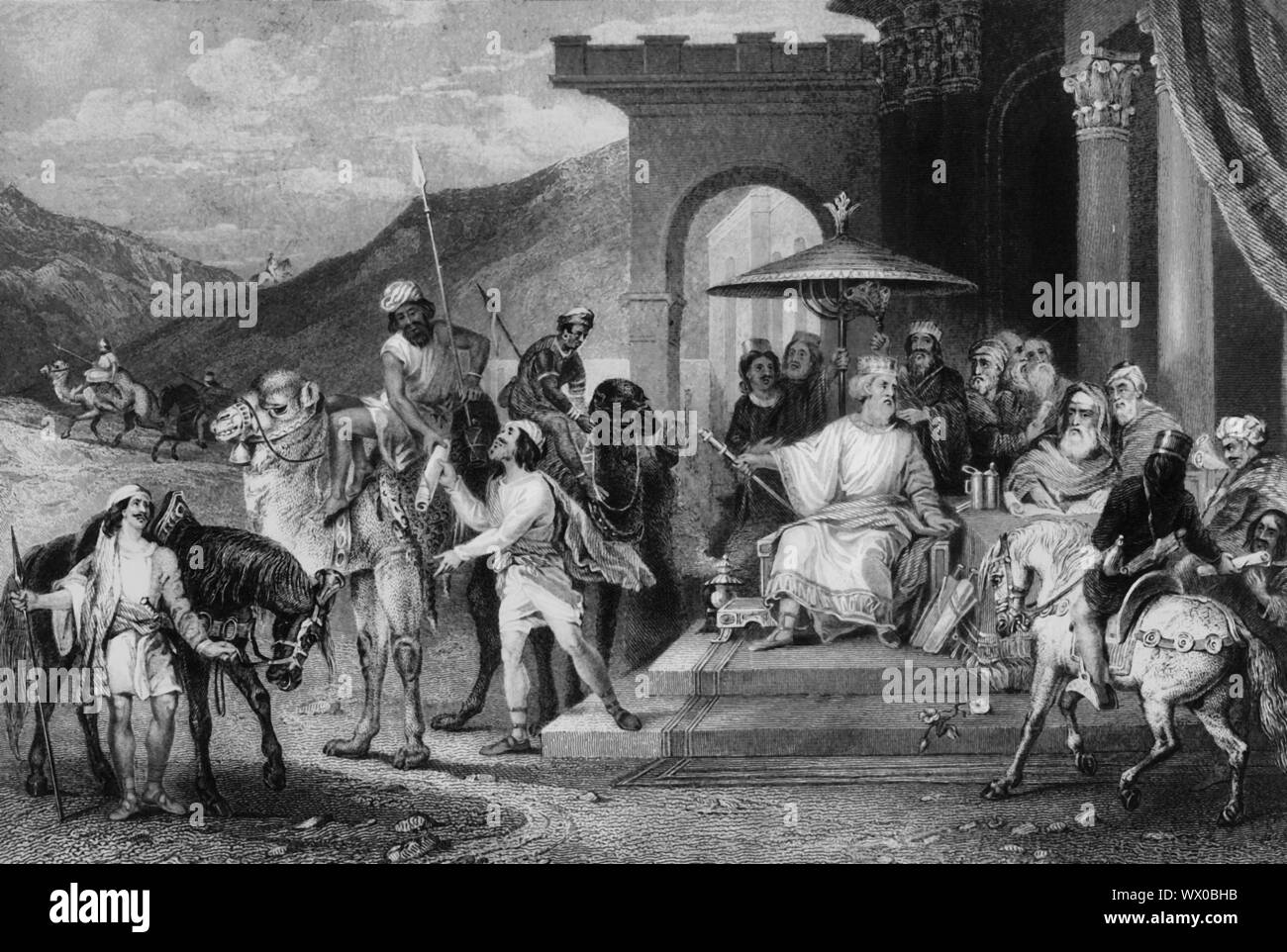 "Egli ha scritto in re Assuero' nome e ha inviato lettere da montanti a cavallo',diciannovesimo secolo? Scena biblica, da Esther, 8: 10: 'e scrisse al re Assuero' nome e sigillata con del re ad anello e ha inviato lettere da montanti a cavallo e i piloti sul dorso di muli, cammelli e dromedari giovani'. Incisione. Foto Stock