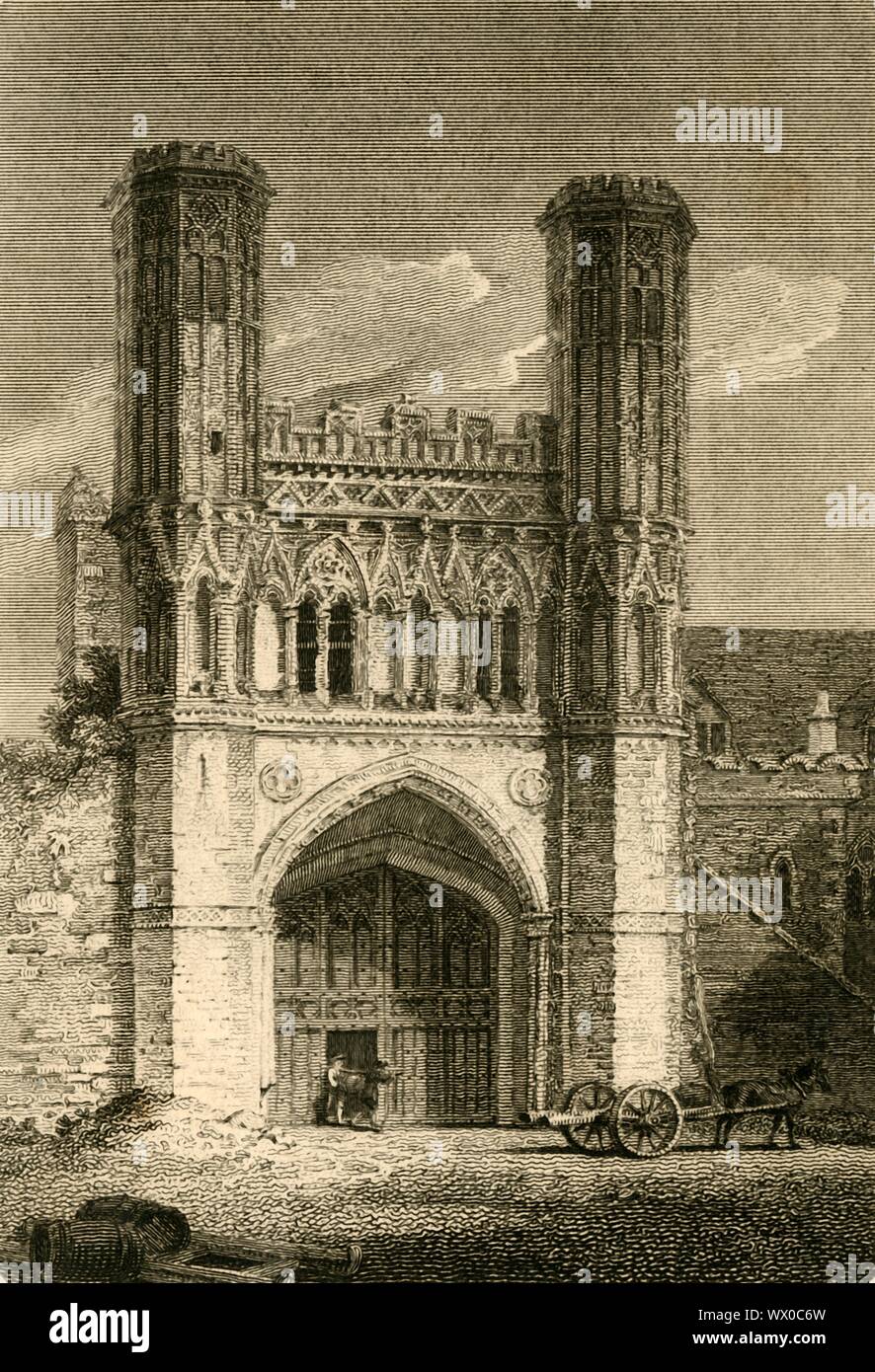 'St. Augustine's Gate, (Canterbury) Kent", 1802. La grande Porta di St Augustine's Abbey, un monastero benedettino a Canterbury nel Kent. The Gatehouse, noto anche come il Gate Fyndon, fu ricostruita da 1301 a 1309 dall abate Fyndon. [Vernor &AMP; cappa, London, 1802] Foto Stock