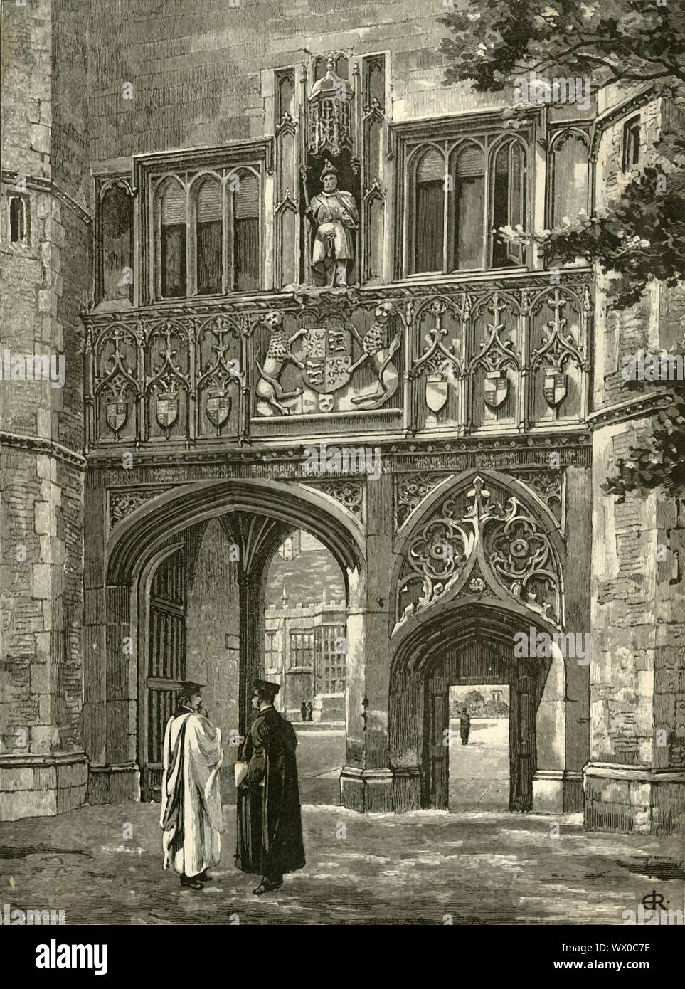 "Principali Gateway, Trinity College', fine del XIX secolo. Il grande cancello, l'ingresso principale al Trinity College di Cambridge, fu costruito all'inizio del XVI secolo. Al di sopra di uno stemma è una statua del collegio del fondatore re Henry VIII. Foto Stock