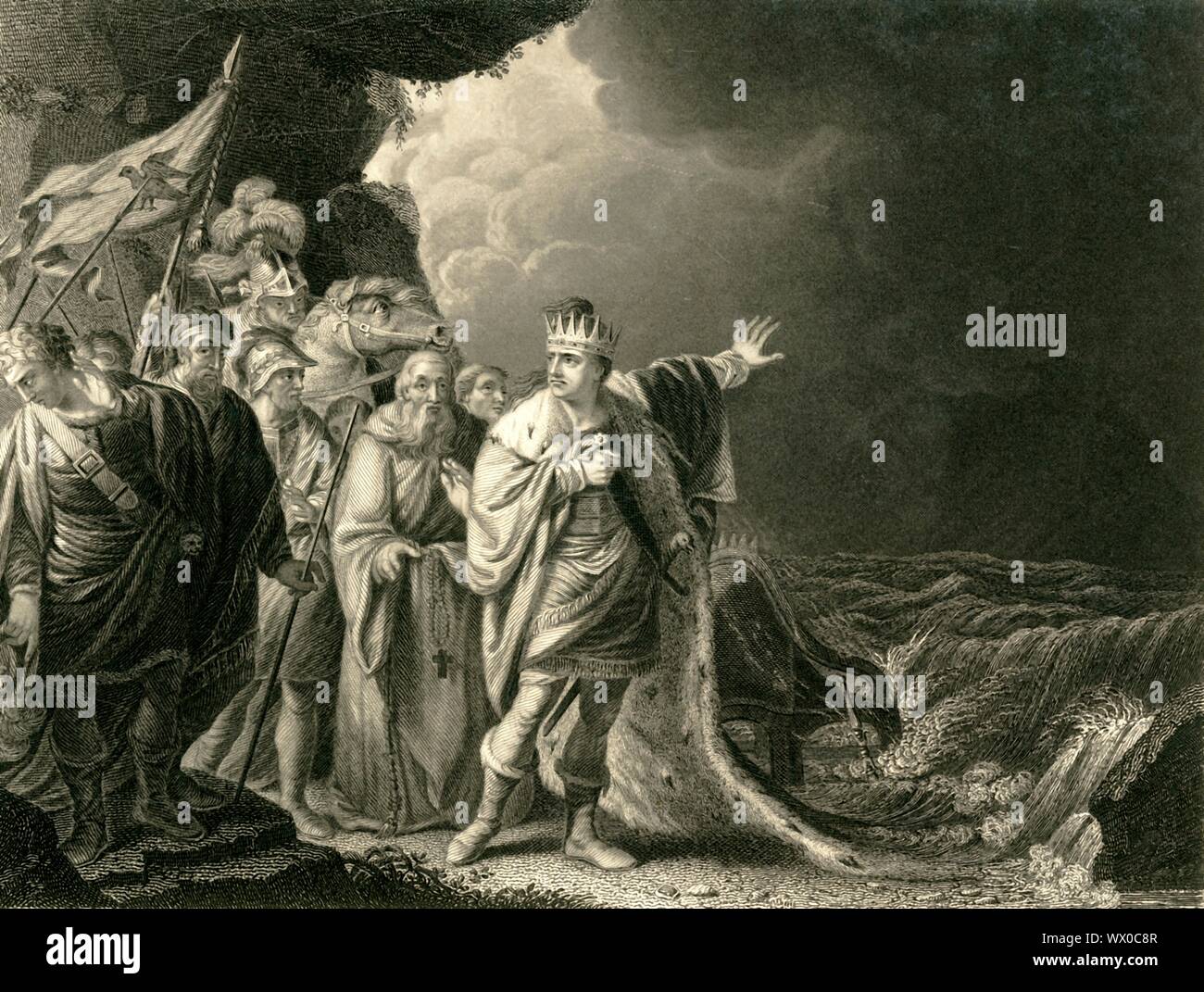 "Canute rimproverando i suoi cortigiani', C1840. Re Cnut presumibilmente dimostrato di lusinghiero cortigiani che essendo un semplice uomo, il mare non obbedire a lui e Dio solo può comandare le maree. Cnut (C995-1035), noto anche come canuto, era il re di Danimarca, Inghilterra e Norvegia. [Fisher, figlio &AMP; Co, C1840] Foto Stock
