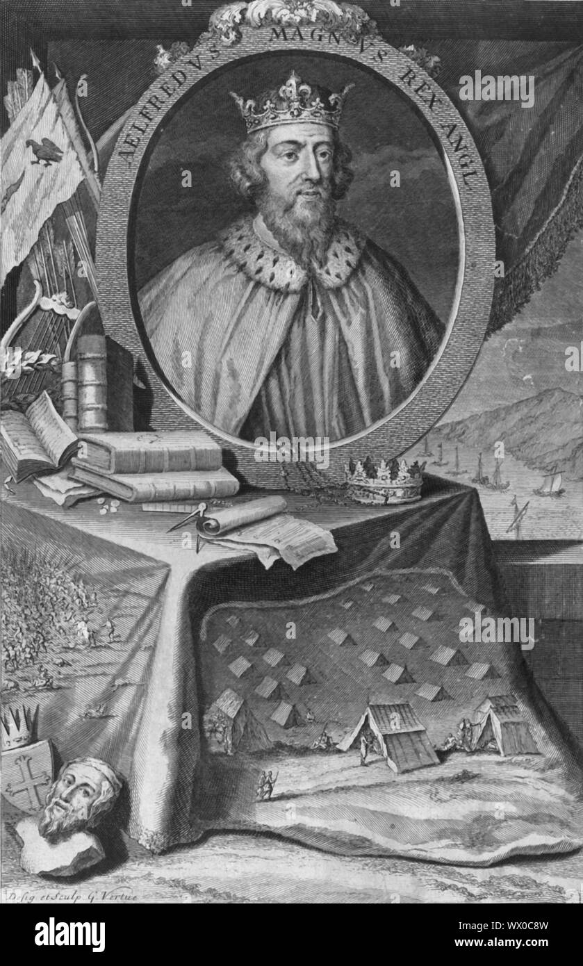 King Alfred, 1733. Ritratto in una cornice ovale inscritto 'Alfredus Magnus Rex Angliae', (Alfredo il Grande re d'Inghilterra). Nella tabella riportata di seguito sono una corona, libri, frecce, una lira, documenti e strumenti di geometria, con scene di battaglia e tende in un accampamento militare. Alfred (849-899 AD) era il re del Wessex da 871 a c886, e il re degli Anglosassoni da c886 a 899. Foto Stock