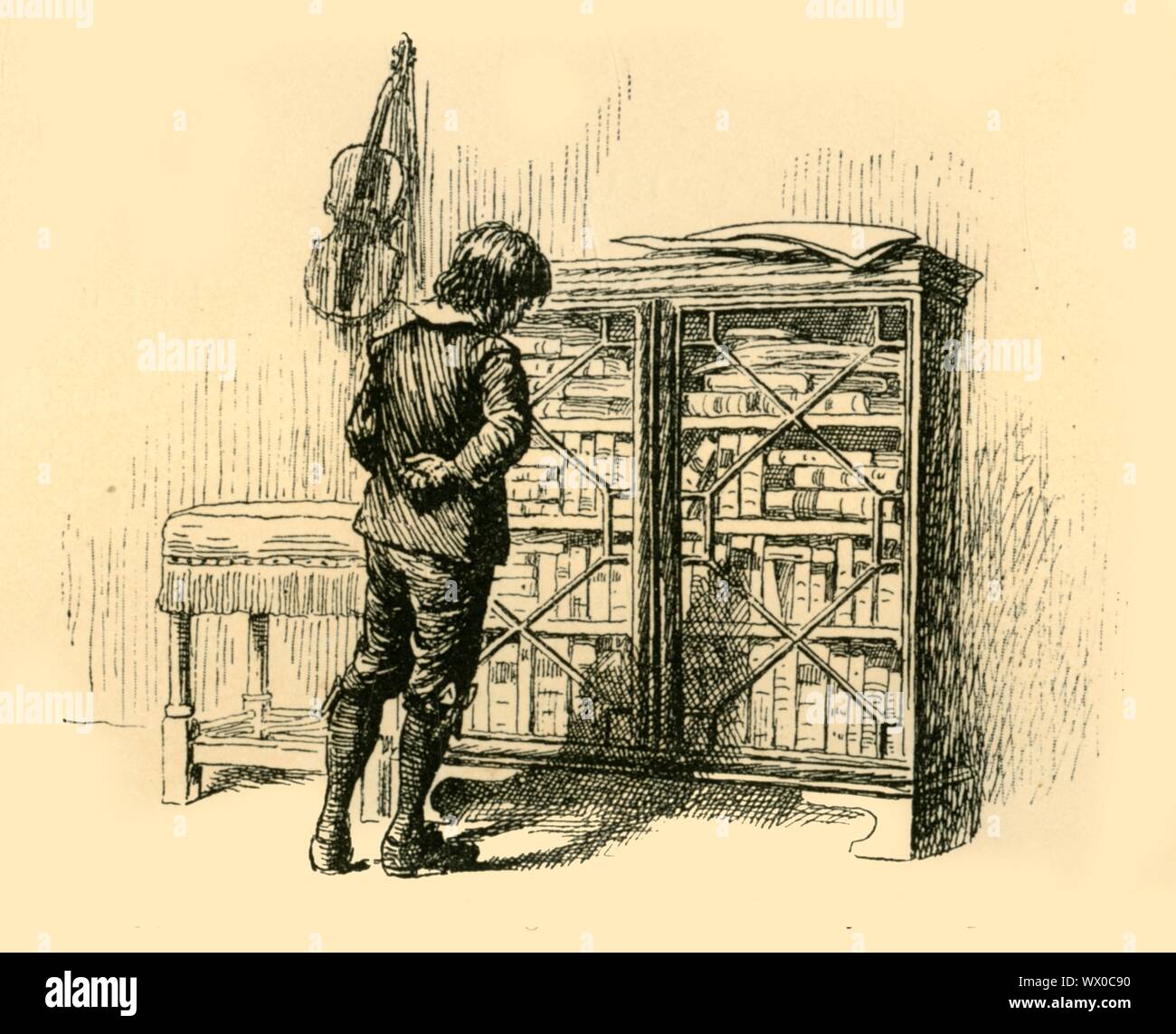 "Guardando a sua copre attraverso il reticolo ante dell'Armadio", (1907). I dieci anni di Bach guardando il foglio di musica bloccato lontano dal suo fratello più anziano: 'Per diversi giorni passato aveva speso ore nel suo fratello l'assenza ammirate la sua copre attraverso il reticolo ante dell'armadio e assaporerete i suoi occhi su i nomi dei musicisti che sono state scritte sul retro con lettere in neretto in Christoph la mano." Un episodio della vita del compositore tedesco Johann Sebastian Bach (1685-1750). Da "Story-Lives di grandi musicisti", da F.J. Rowbotham. [Wells Gardner, Darton &AMP; Co. Ltd, Londra, Foto Stock