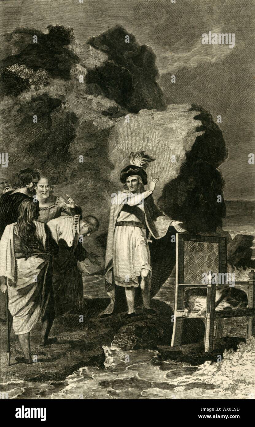 "Canute rimproverando i suoi cortigiani', XVIII-XIX secolo. Re Cnut presumibilmente dimostrato di lusinghiero cortigiani che essendo un semplice uomo, il mare non obbedire a lui e Dio solo può comandare le maree. Cnut (C995-1035), noto anche come canuto, era il re di Danimarca, Inghilterra e Norvegia. Da "Storia dell'Inghilterra" di Paul de Rapin, c1730s] Foto Stock