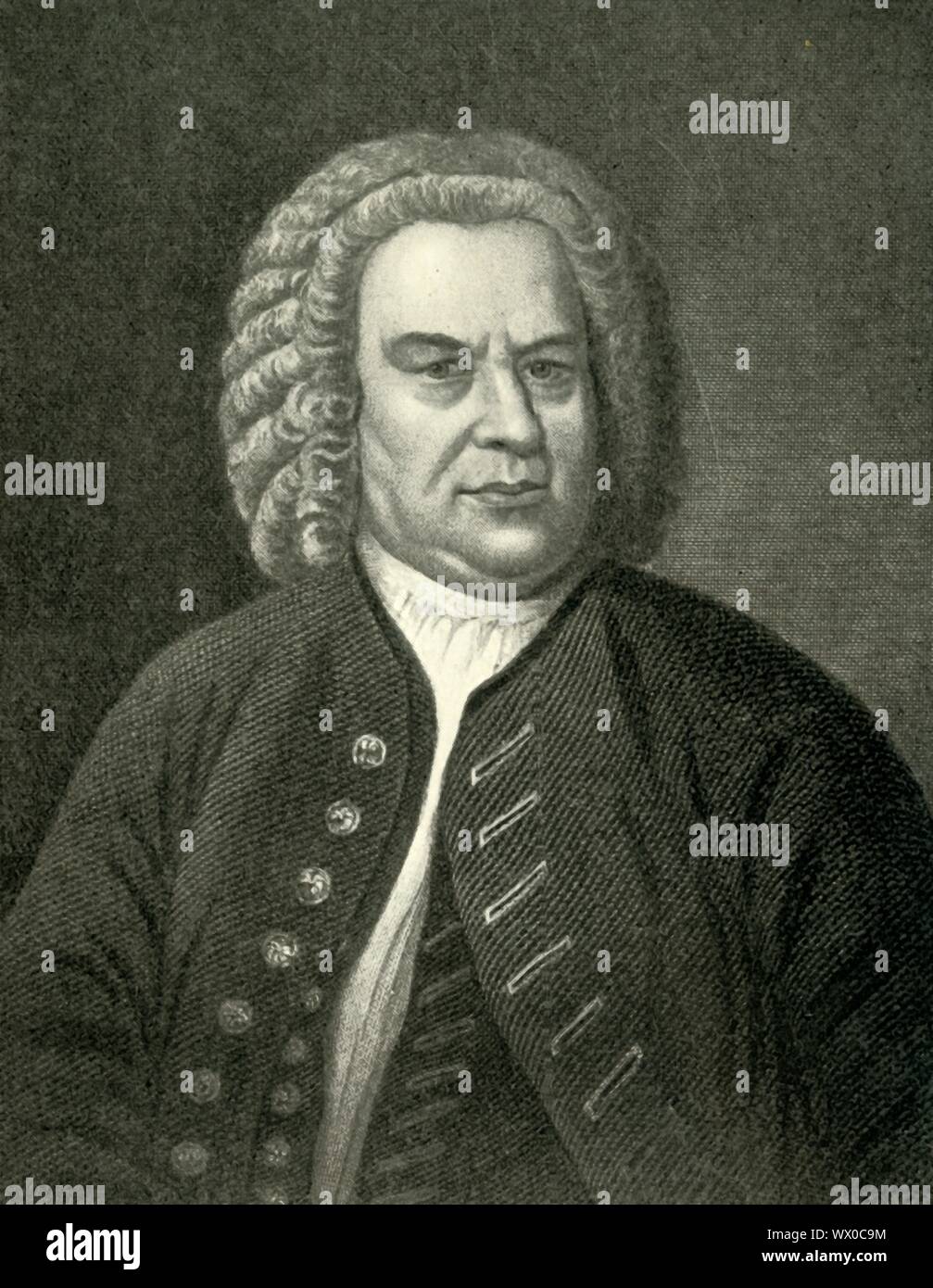 Bach, c1746, (1907). Ritratto del compositore tedesco e organista Johann Sebastian Bach (1685-1750), considerato da molti come il più grande compositore nella storia della musica occidentale, in particolare in termini di sue composizioni per l'organo. Dopo un dipinto del 1746 da Elias Gottlob Haussmann nel Stadtgeschichtliches Museum, Lipsia, Germania. Da "Story-Lives di grandi musicisti", da F.J. Rowbotham. [Wells Gardner, Darton &AMP; Co. Ltd, Londra, 1907] Foto Stock
