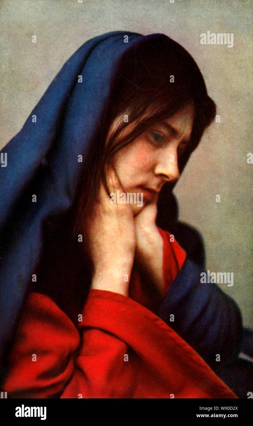 Maria, 1922. Martha Veit come la Vergine Maria in Oberammergau Passion Play. Il gioco viene eseguito ogni dieci anni, su open-air stadi, dagli abitanti del villaggio di Oberammergau in Baviera, Germania. Andata in scena per la prima volta nel 1634, il gioco racconta la storia della passione di Gesù, che culmina nella sua crocifissione. La manifestazione è diventata un'attrazione turistica, con un pubblico proveniente da tutto il mondo. Cartolina ufficiale del 1922 Oberammergau Passion Play. [F. Bruckmann, Monaco di Baviera, Germania, 1922] Foto Stock