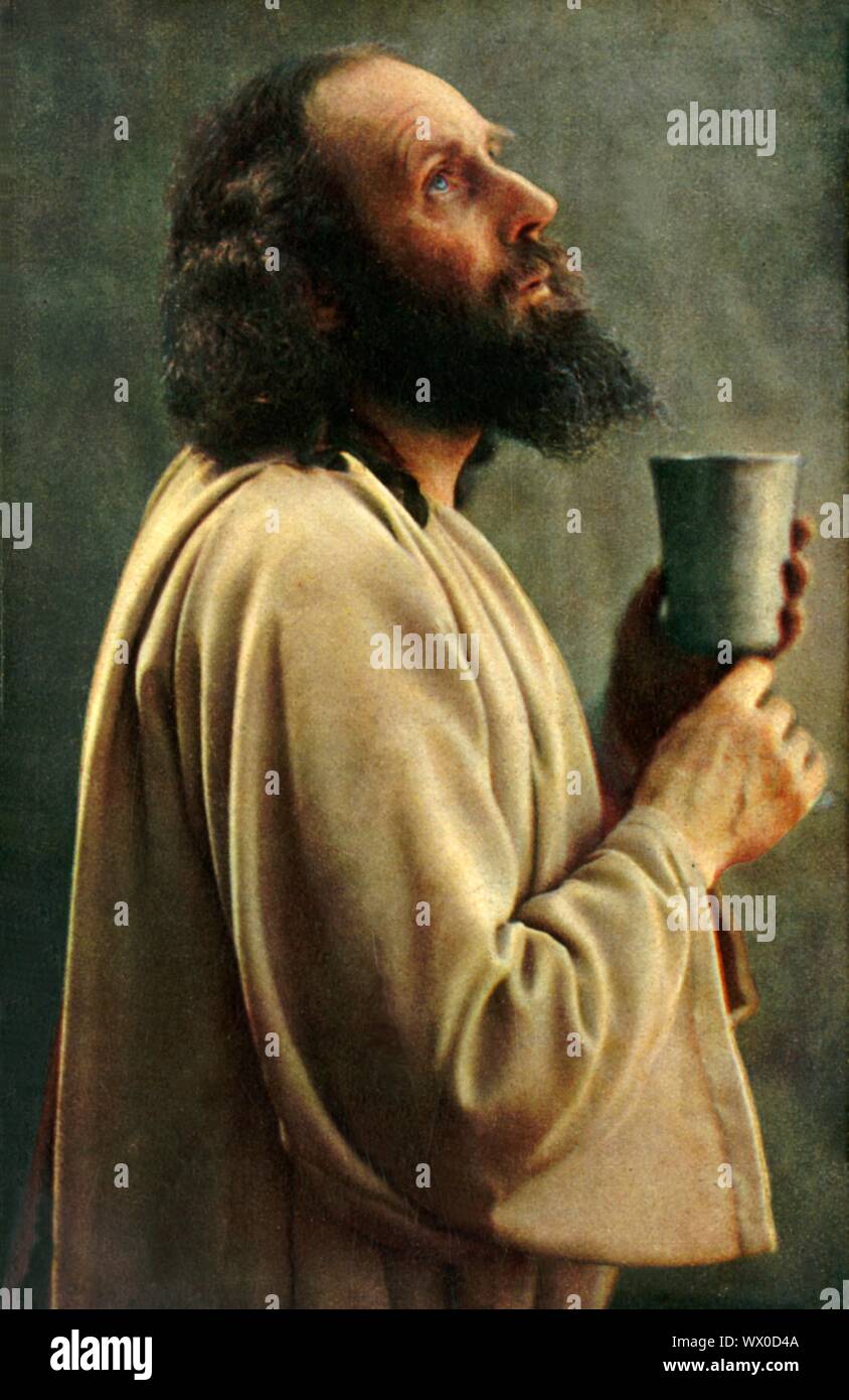 Gesù, 1922. Anton Lang, un giocatore in Oberammergau Passion Play, come Gesù. Il gioco viene eseguito ogni dieci anni, su open-air stadi, dagli abitanti del villaggio di Oberammergau in Baviera, Germania. Andata in scena per la prima volta nel 1634, il gioco racconta la storia della passione di Gesù, che culmina nella sua crocifissione. La manifestazione è diventata un'attrazione turistica, con un pubblico proveniente da tutto il mondo. Cartolina ufficiale del 1922 Oberammergau Passion Play. [F. Bruckmann, Monaco di Baviera, Germania, 1922] Foto Stock