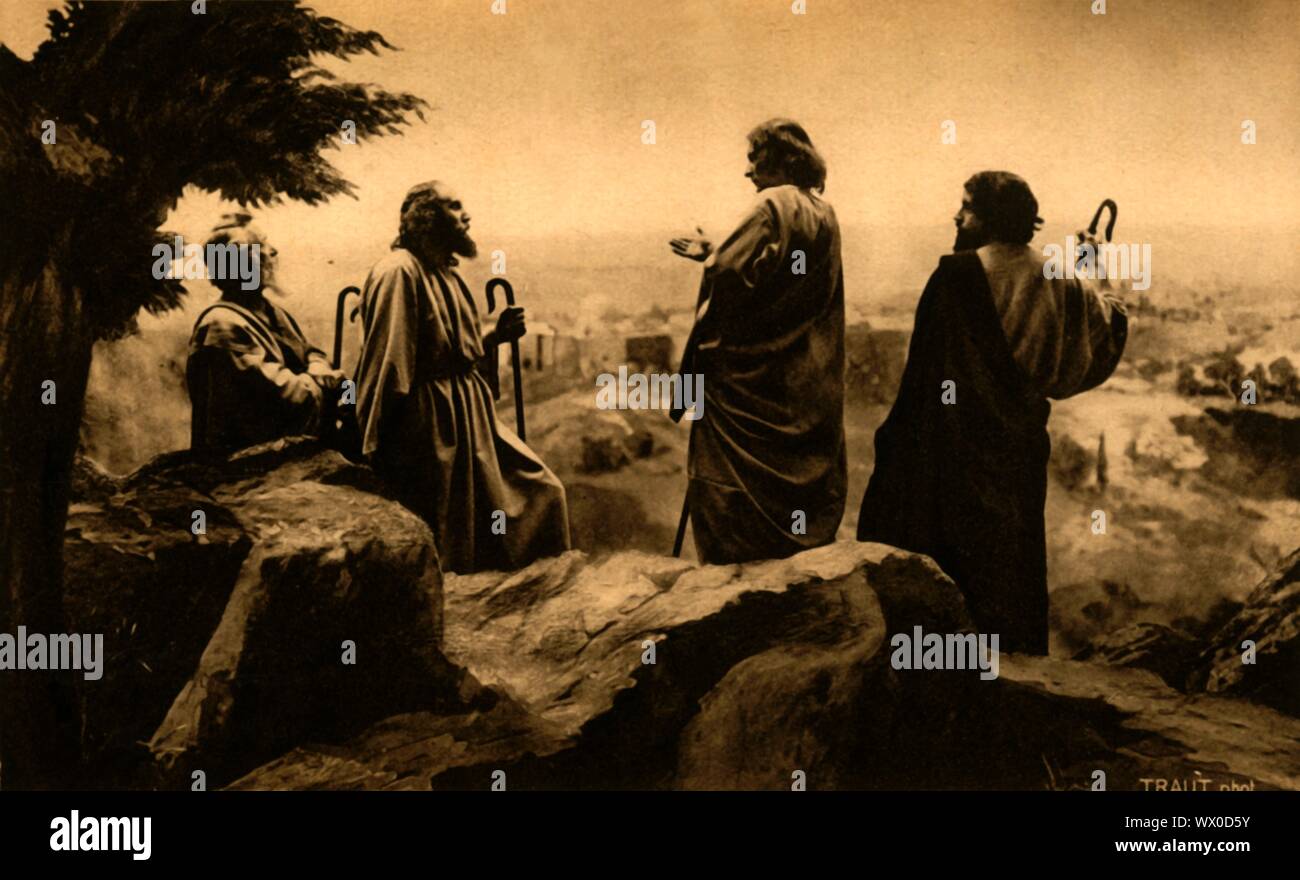 Il viaggio a Gerusalemme, 1922. I giocatori in Oberammergau Passion Play. Il gioco viene eseguito ogni dieci anni, su open-air stadi, dagli abitanti del villaggio di Oberammergau in Baviera, Germania. Andata in scena per la prima volta nel 1634, il gioco racconta la storia della passione di Gesù, che culmina nella sua crocifissione. La manifestazione è diventata un'attrazione turistica, con un pubblico proveniente da tutto il mondo. Cartolina ufficiale del 1922 Oberammergau Passion Play. [F. Bruckmann, Monaco di Baviera, Germania, 1922] Foto Stock