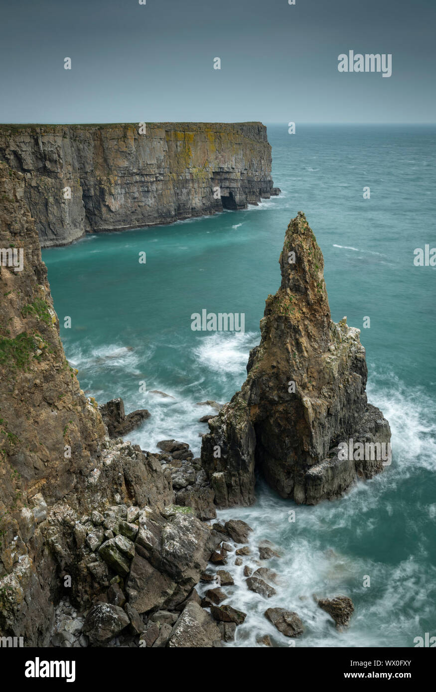 Stack di mare su Il Pembrokeshire Coast, Wales, Regno Unito, Europa Foto Stock